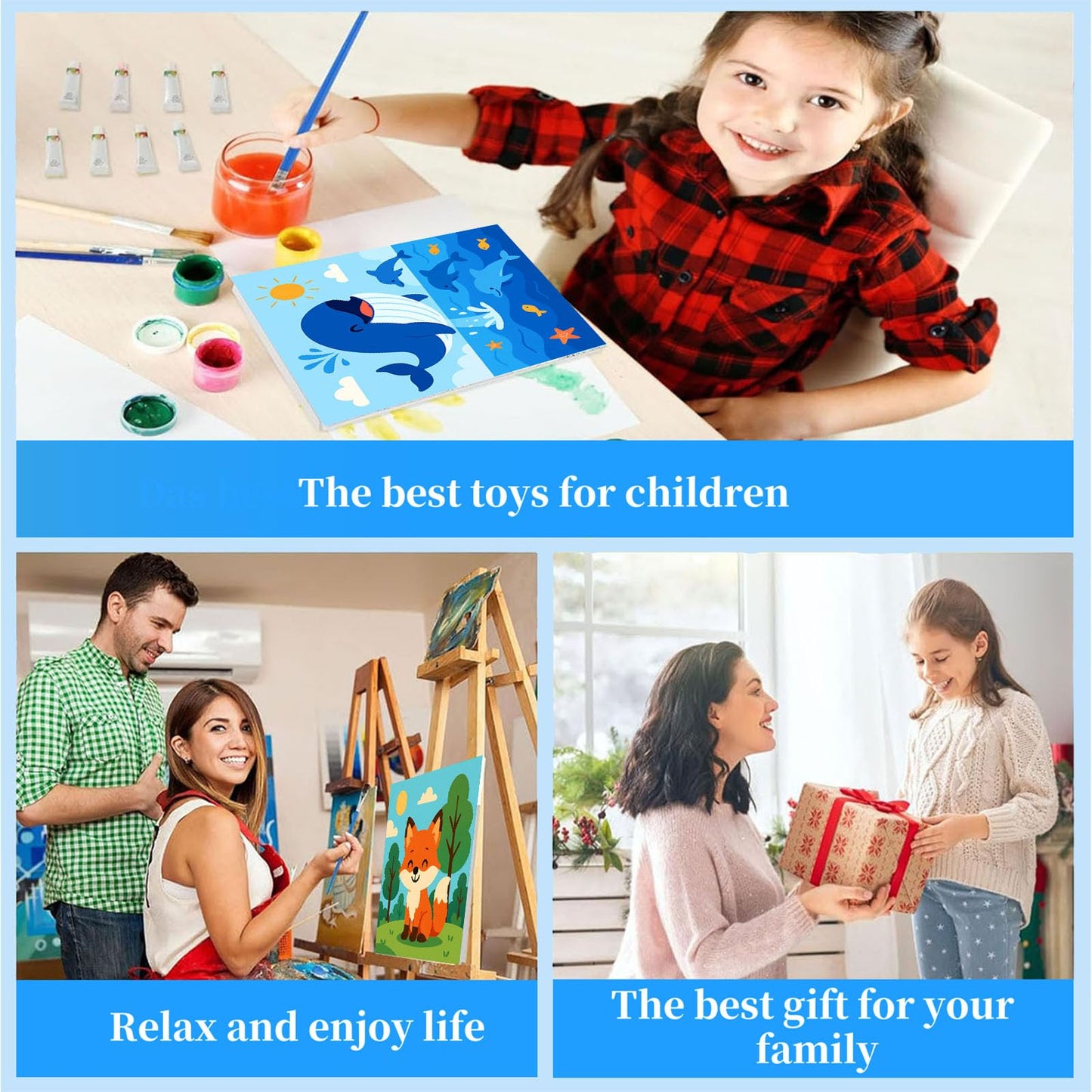 Arttoplus 4 Pack Paint by Numbers Kit for Kids with Frame – Cute Animals, Ages 4-6-8, Wooden Easel, 8x8 inch