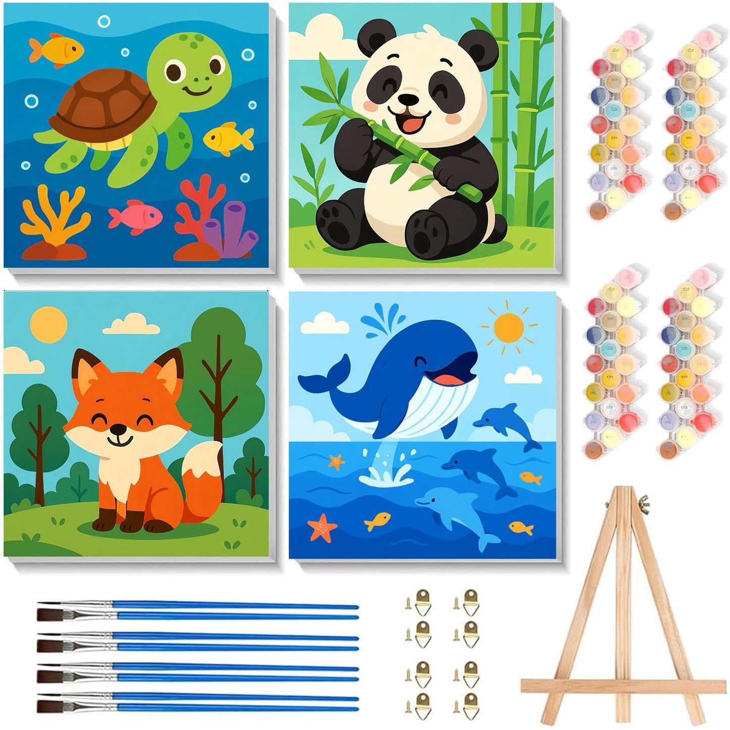 Arttoplus 4 Pack Paint by Numbers Kit for Kids with Frame – Cute Animals, Ages 4-6-8, Wooden Easel, 8x8 inch