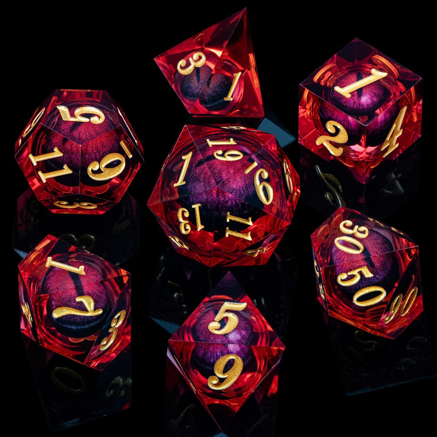 ARUOHHA Dragon Eye Dice – Liquid Core Red Resin Sharp Edged Polyhedral D&D Dice Set in Gift Box