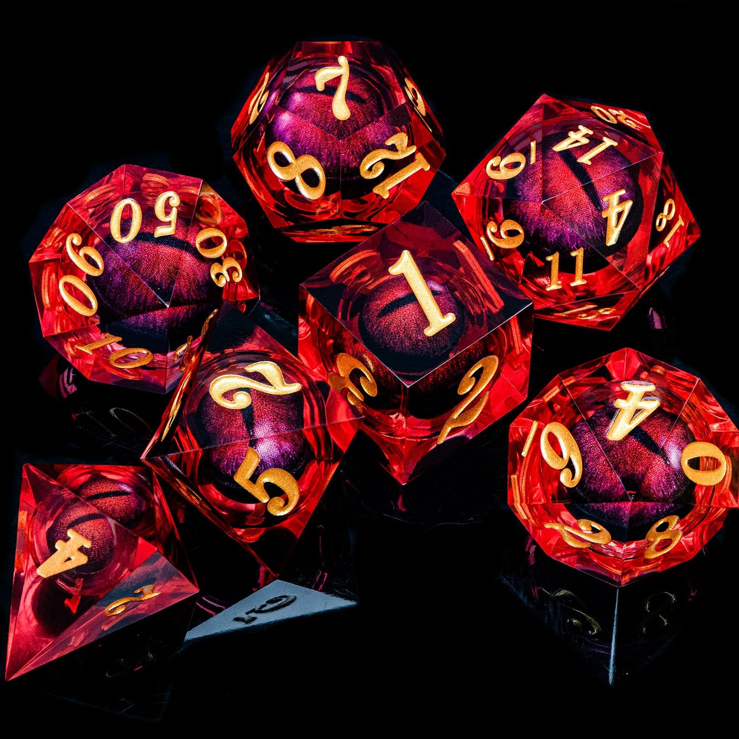 ARUOHHA Dragon Eye Dice – Liquid Core Red Resin Sharp Edged Polyhedral D&D Dice Set in Gift Box
