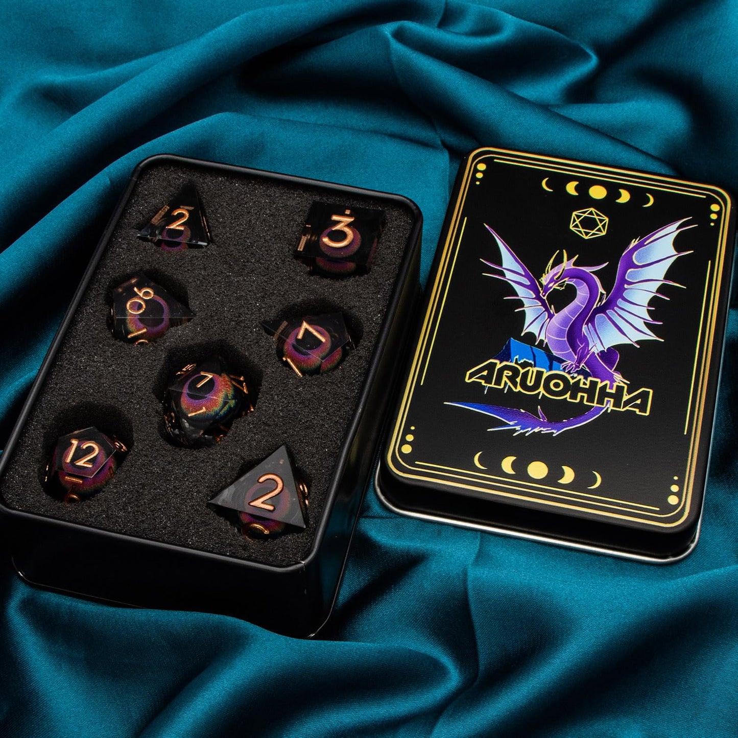 ARUOHHA Dragon Eye Dice – Liquid Core Resin Sharp-Edged D&D Set with Gift Box