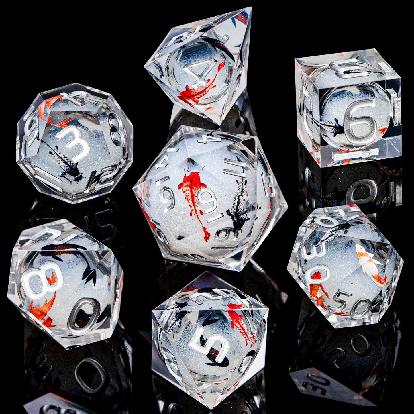 ARUOHHA Liquid Core DND Dice Set – Koi Fish, Sharp Edges, Polyhedral Dice