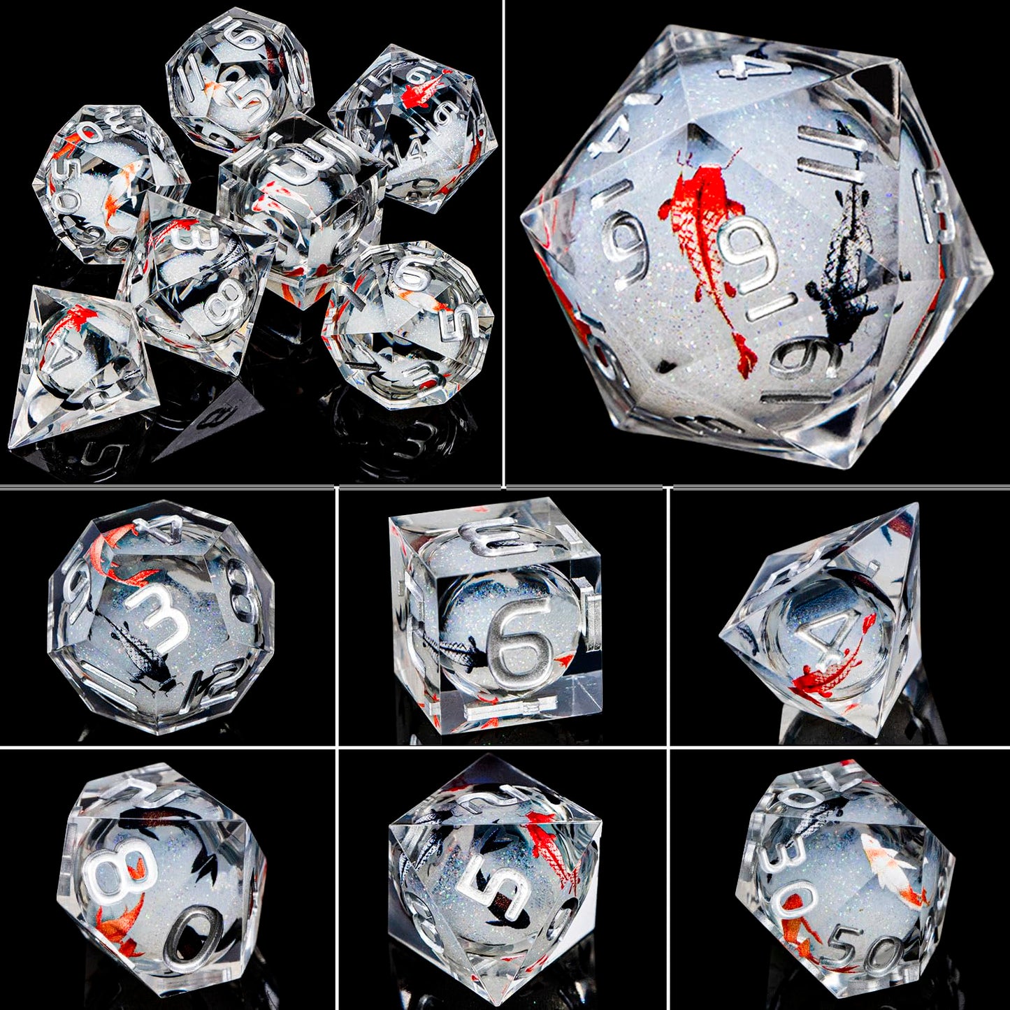 ARUOHHA Liquid Core DND Dice Set – Koi Fish, Sharp Edges, Polyhedral Dice