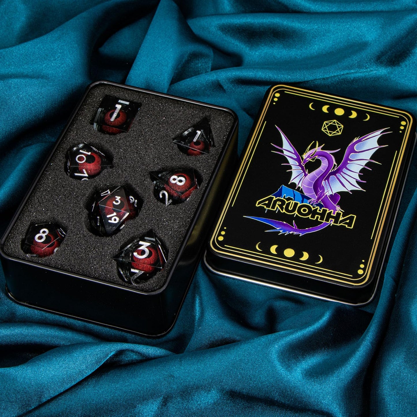 ARUOHHA Dragon Eye Resin Dice Set — Liquid Core Sharp-Edged D&D Polyhedral Dice