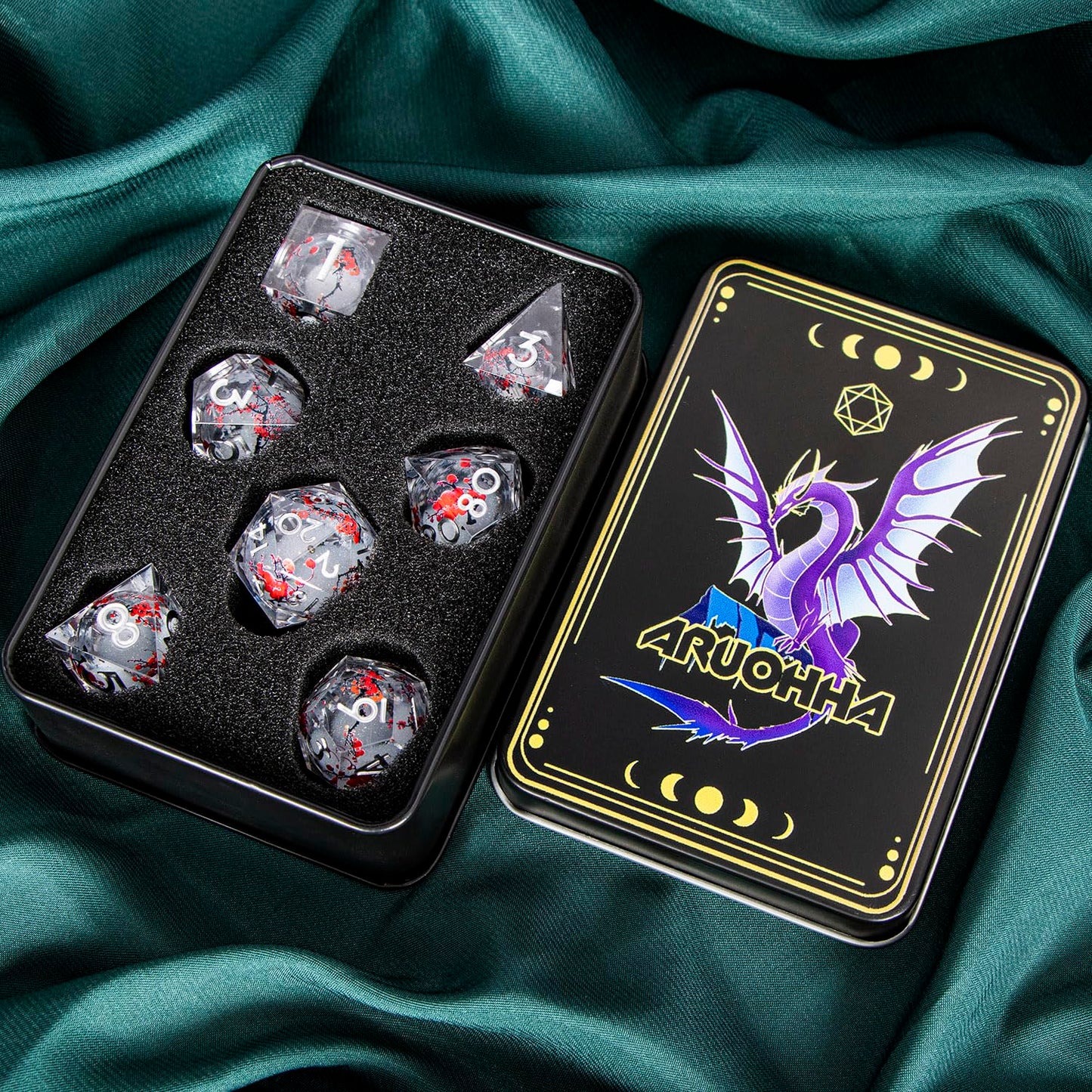 ARUOHHA DND Resin Dice Set – Plum Blossom Liquid Core White Sharp Edge Polyhedral Dice for D&amp;D with Gift Box (D4, D6, D8, D10, D12, D20, D%)