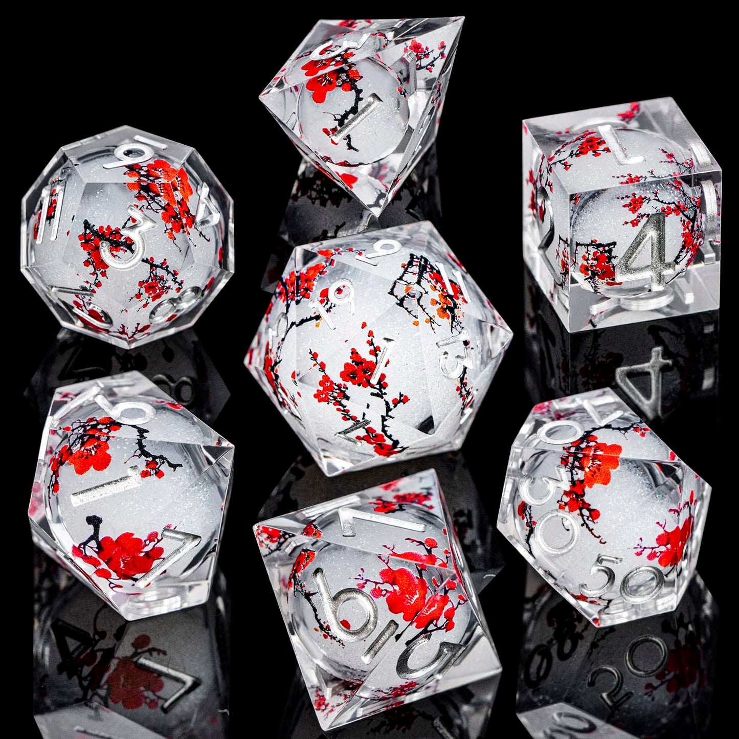 ARUOHHA DND Resin Dice Set – Plum Blossom Liquid Core White Sharp Edge Polyhedral Dice for D&amp;D with Gift Box (D4, D6, D8, D10, D12, D20, D%)