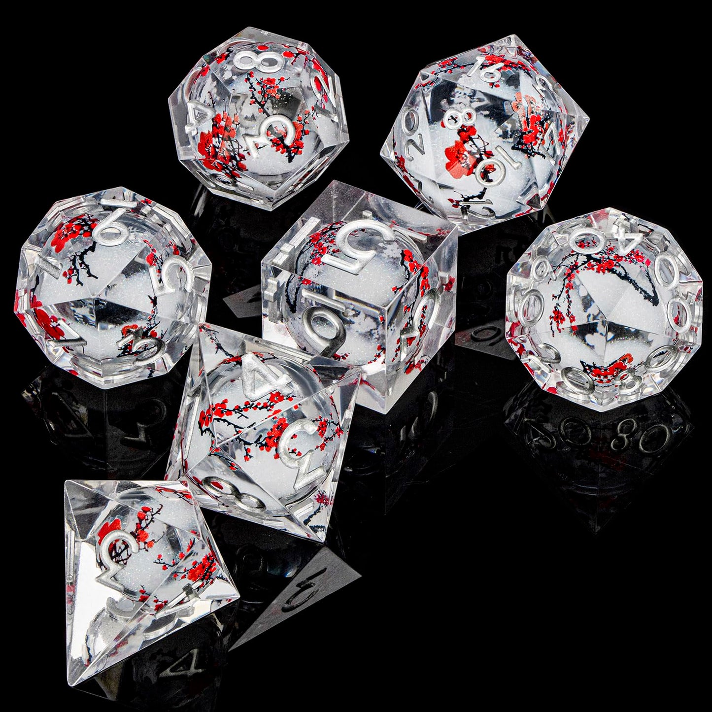 ARUOHHA DND Resin Dice Set – Plum Blossom Liquid Core White Sharp Edge Polyhedral Dice for D&amp;D with Gift Box (D4, D6, D8, D10, D12, D20, D%)