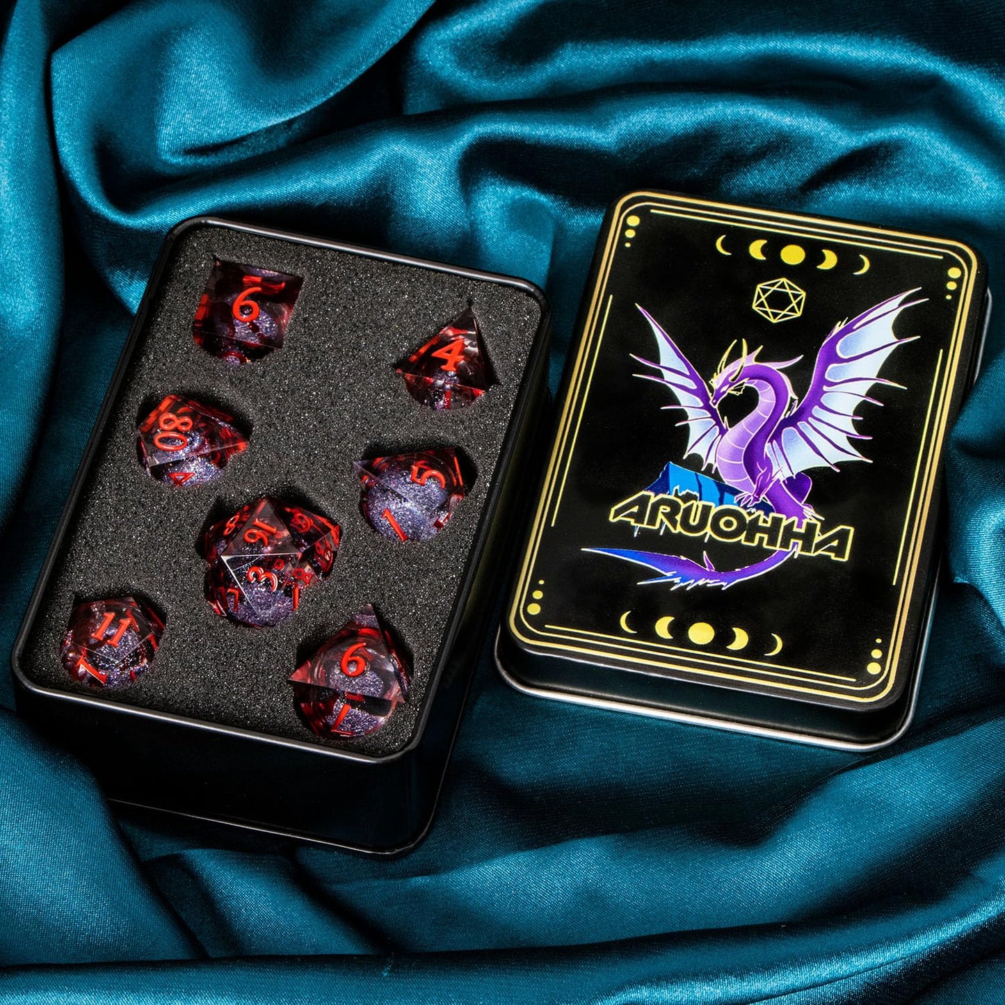 ARUOHHA Blood Core DND Dice Set | Liquid Core Sharp-Edged Polyhedral DND Dice in Gift Box