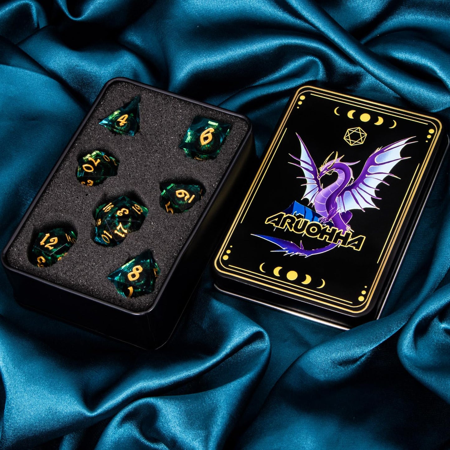 ARUOHHA Dragon Eye DND Resin Dice Set with Liquid Core – Sharp-Edged Polyhedral D&D Dice with Gift Box