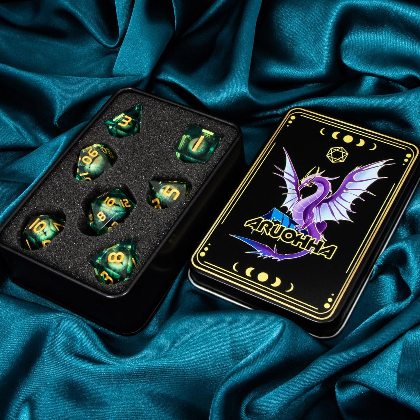 ARUOHHA Dragon Eye Core Resin Dice Set – 7 Sharp-Edged D&D Dice with Gift Box
