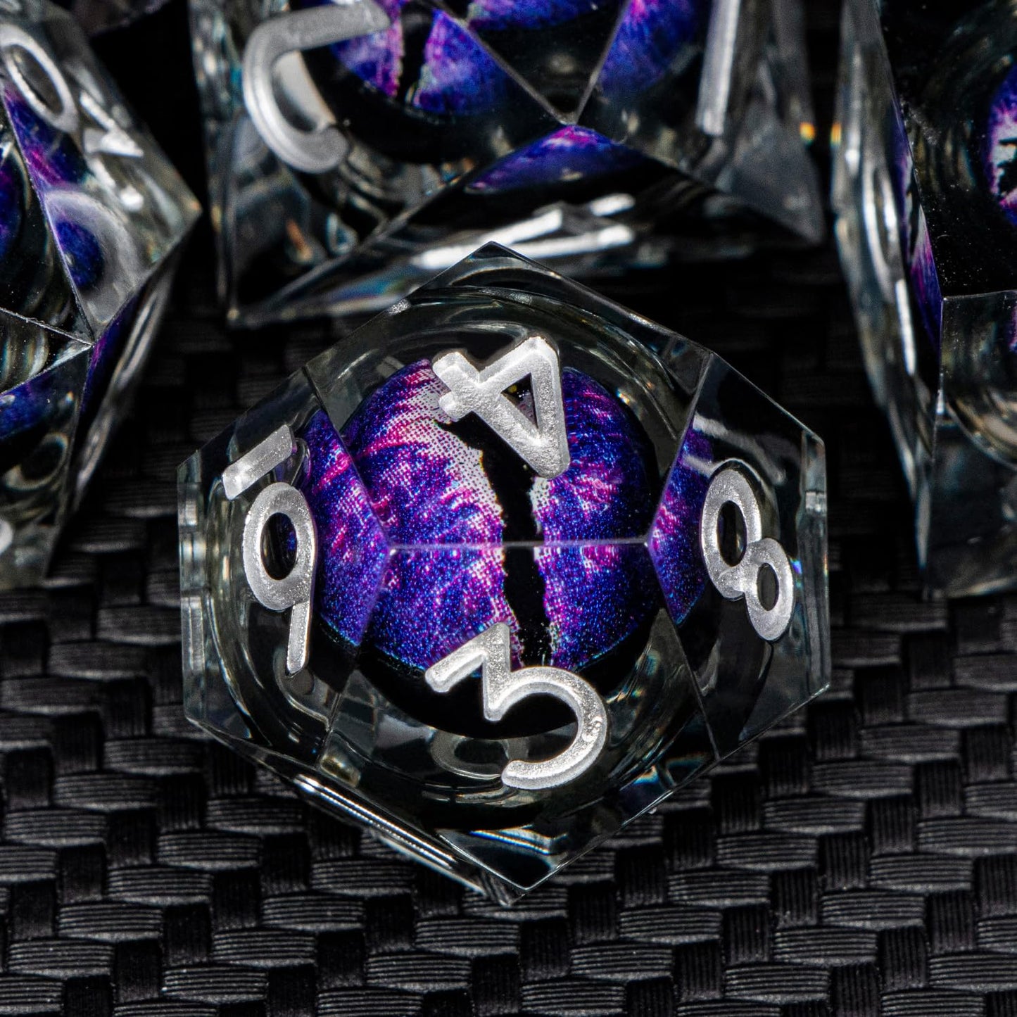 ARUOHHA Dragon Eye Resin Dice Set – Purple Liquid Core, 7-Piece Sharp Edged D&D Dice with Gift Box