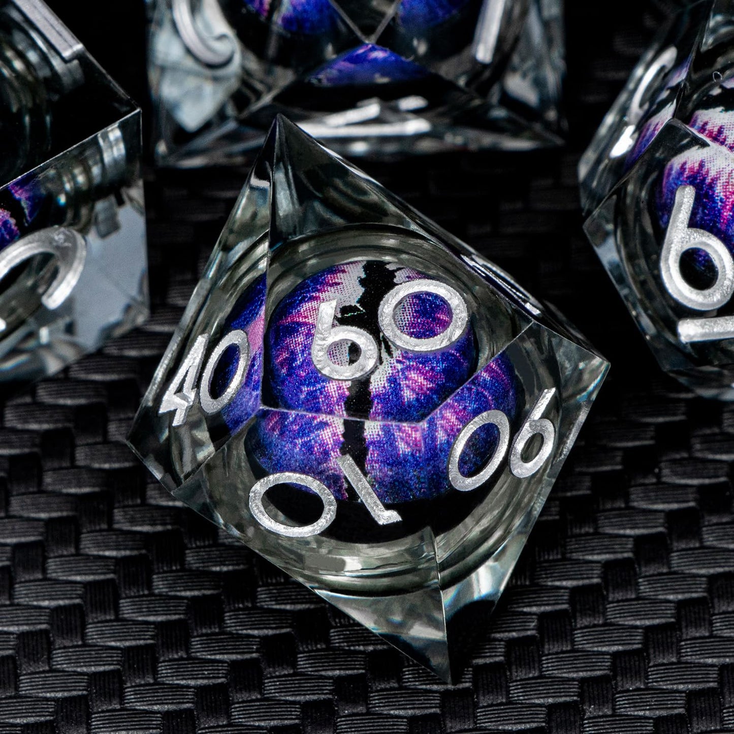 ARUOHHA Dragon Eye Resin Dice Set – Purple Liquid Core, 7-Piece Sharp Edged D&D Dice with Gift Box