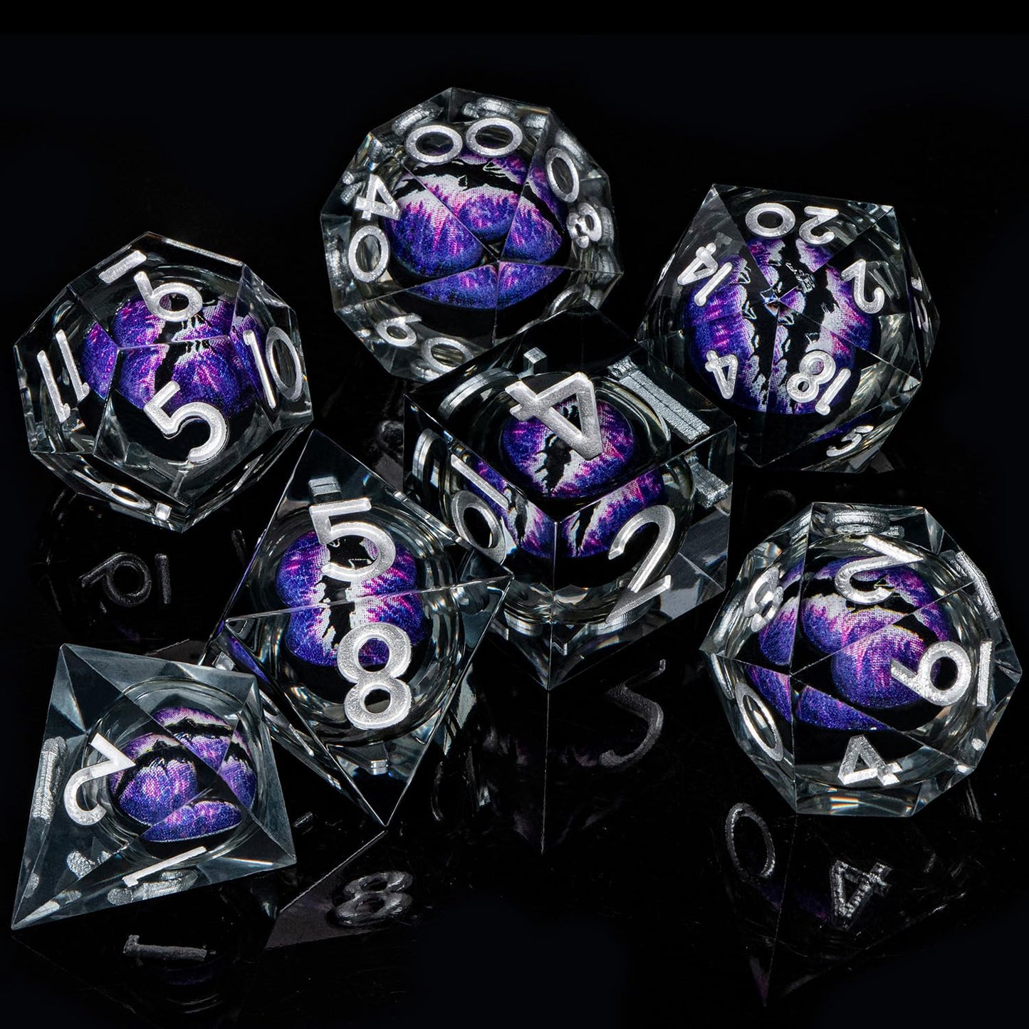 ARUOHHA Dragon Eye Resin Dice Set – Purple Liquid Core, 7-Piece Sharp Edged D&D Dice with Gift Box