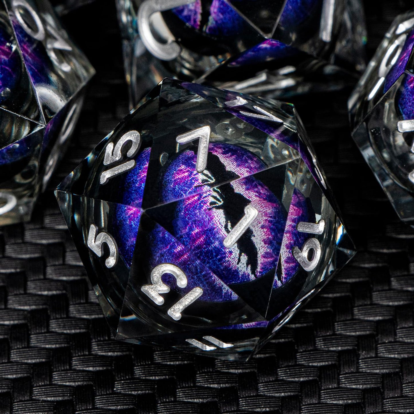 ARUOHHA Dragon Eye Resin Dice Set – Purple Liquid Core, 7-Piece Sharp Edged D&D Dice with Gift Box