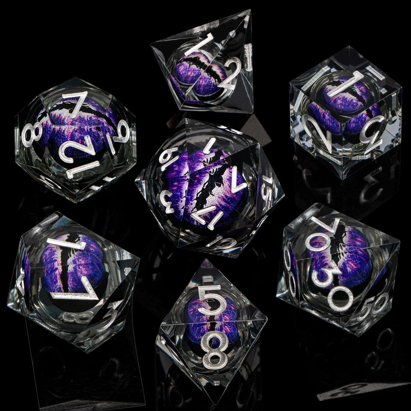 ARUOHHA Dragon Eye Resin Dice Set – Purple Liquid Core, 7-Piece Sharp Edged D&D Dice with Gift Box