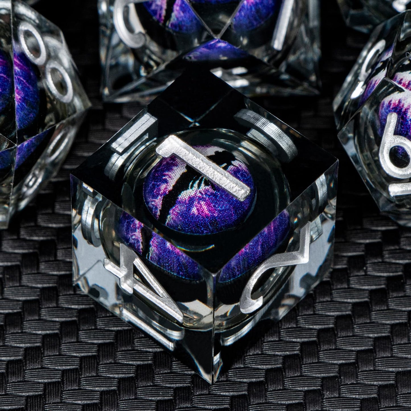 ARUOHHA Dragon Eye Resin Dice Set – Purple Liquid Core, 7-Piece Sharp Edged D&D Dice with Gift Box