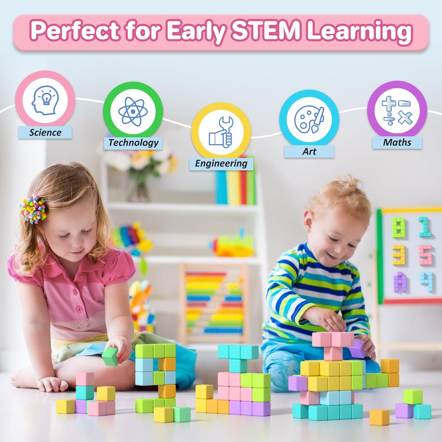 Asago Magnetic Blocks for Toddlers – 56Pcs Large Macaron Building Cubes