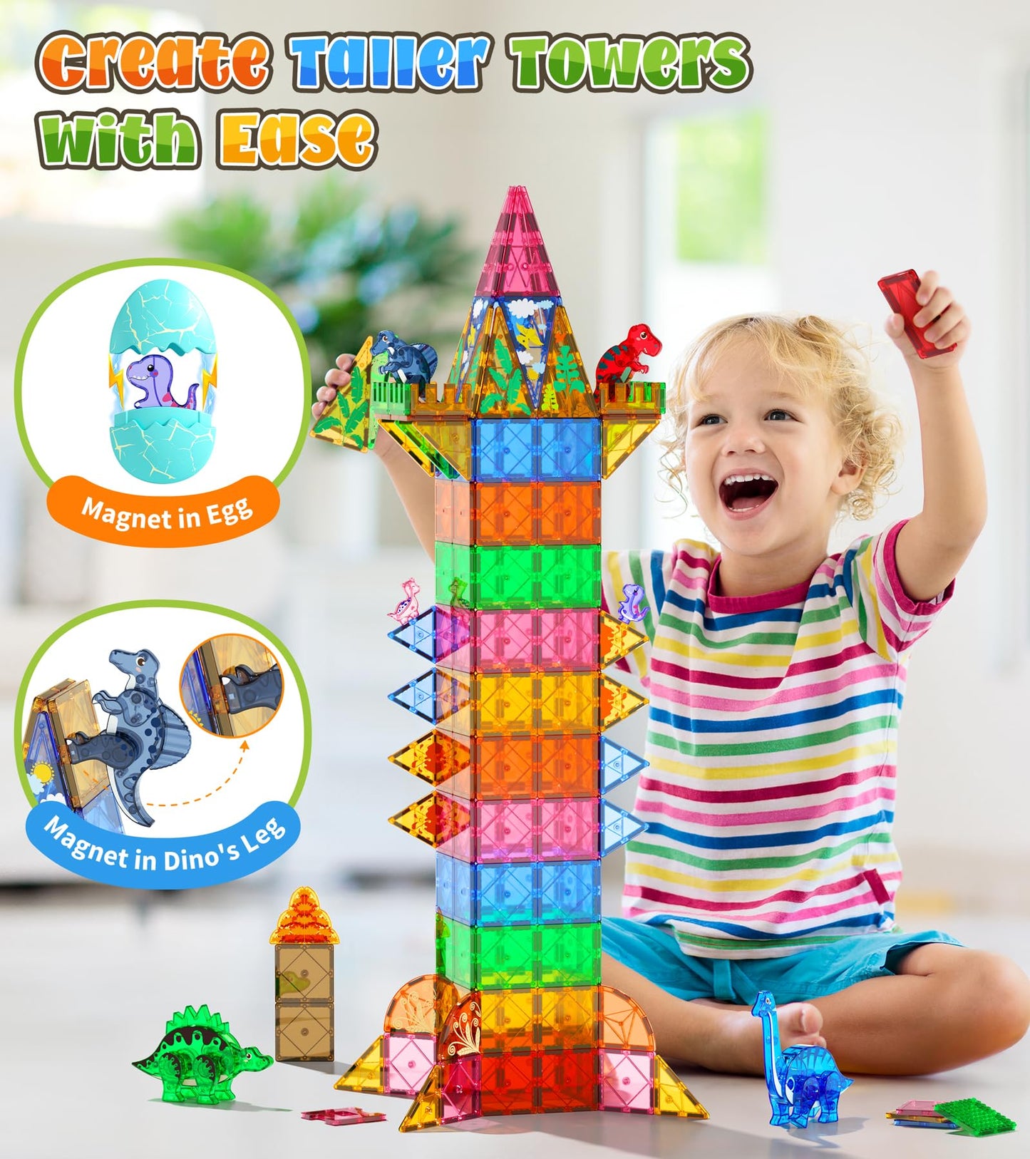 Asago Dinosaur Tiles Set – 105-Piece Magnetic Building Blocks with Eggs, Baby Dinos & Large Dinosaurs