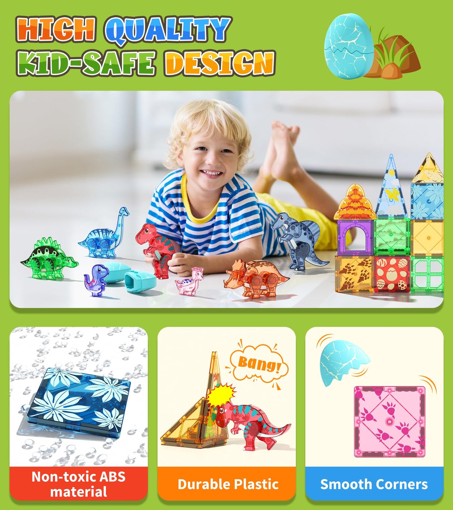 Asago Dinosaur Tiles Set – 105-Piece Magnetic Building Blocks with Eggs, Baby Dinos & Large Dinosaurs