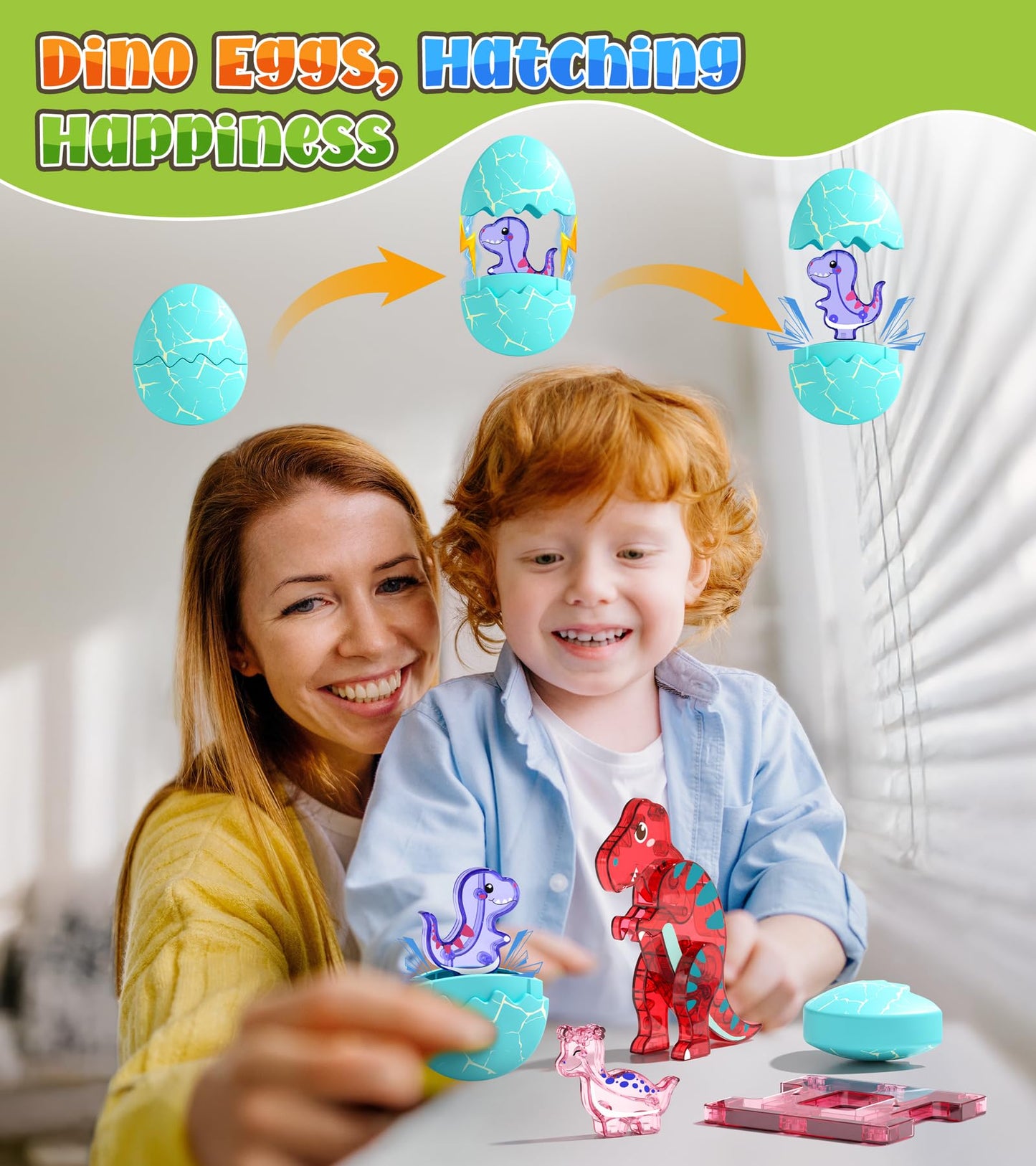 Asago Dinosaur Tiles Set – 105-Piece Magnetic Building Blocks with Eggs, Baby Dinos & Large Dinosaurs
