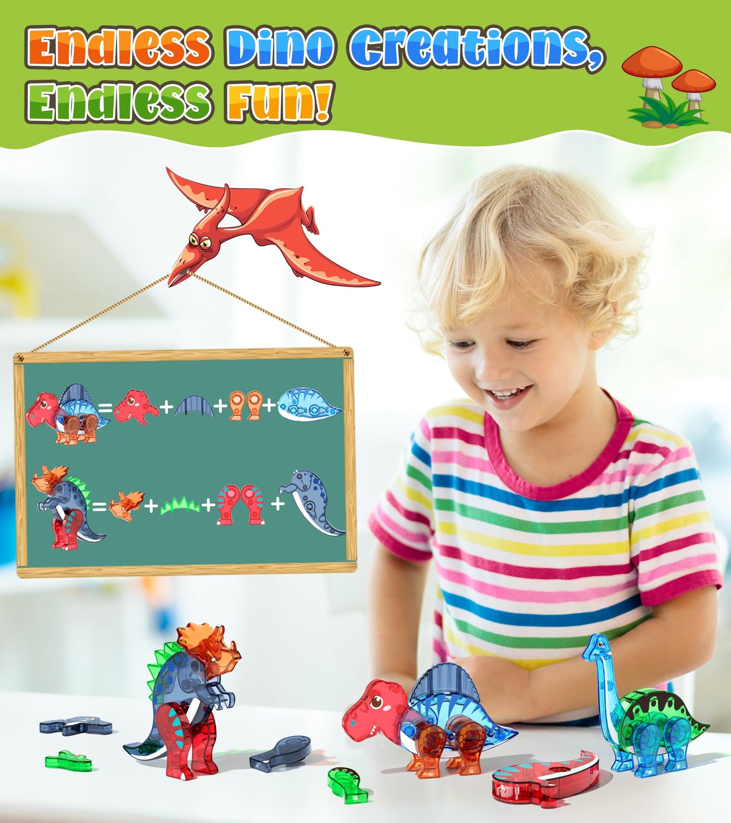 Asago Dinosaur Tiles Set – 105-Piece Magnetic Building Blocks with Eggs, Baby Dinos & Large Dinosaurs