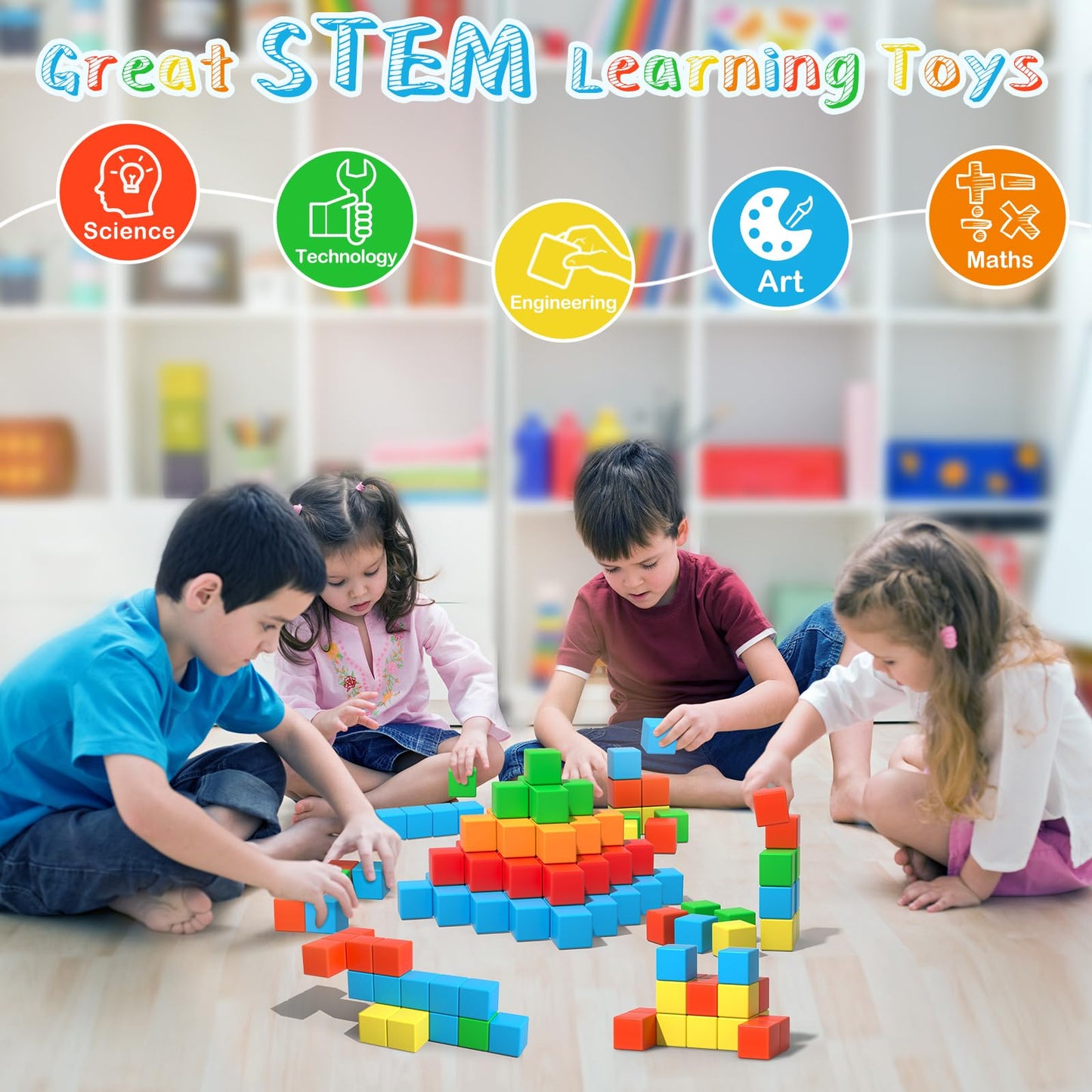Asago Magnetic Blocks Large – 56Pcs 1.34in Magnetic Building Blocks for Toddlers | STEM Montessori Toys