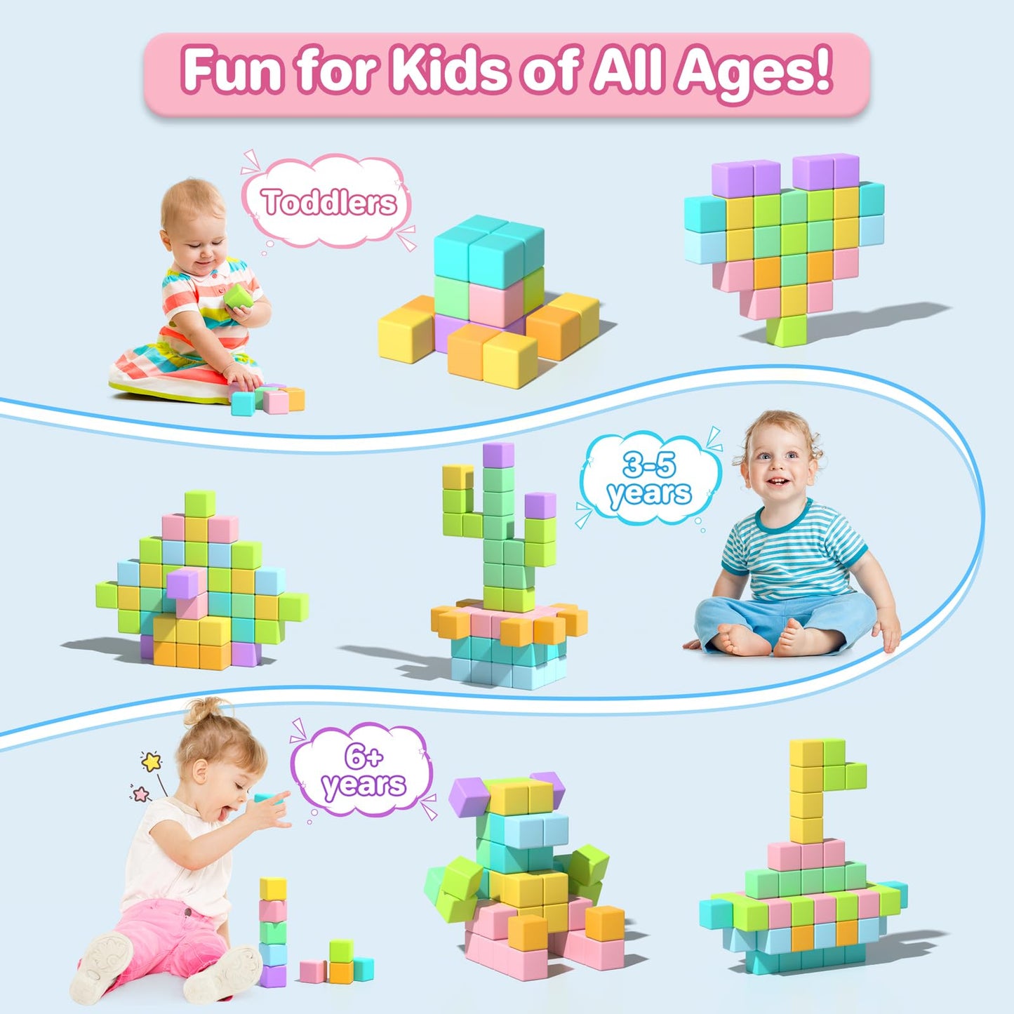 Asago Magnetic Blocks for Toddlers – 56Pcs Large Macaron Building Cubes