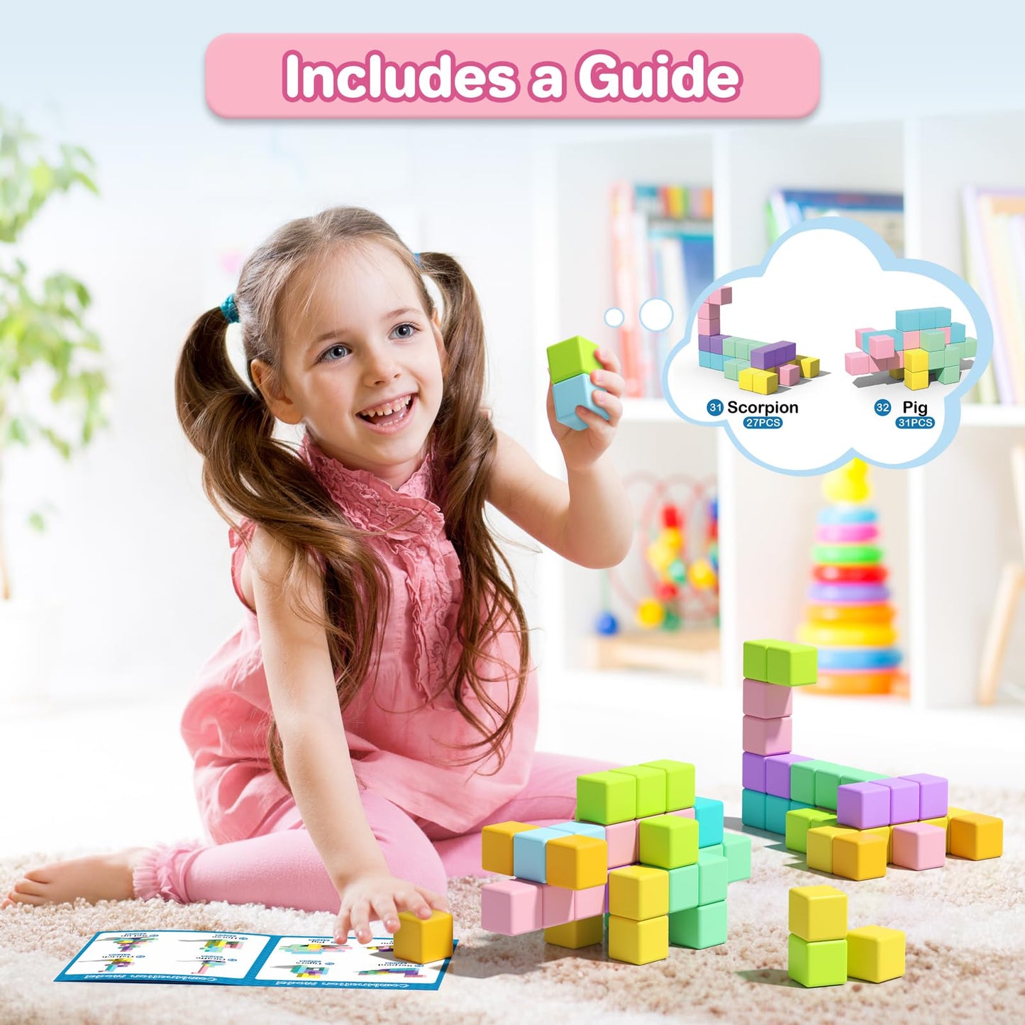 Asago Magnetic Blocks for Toddlers – 56Pcs Large Macaron Building Cubes