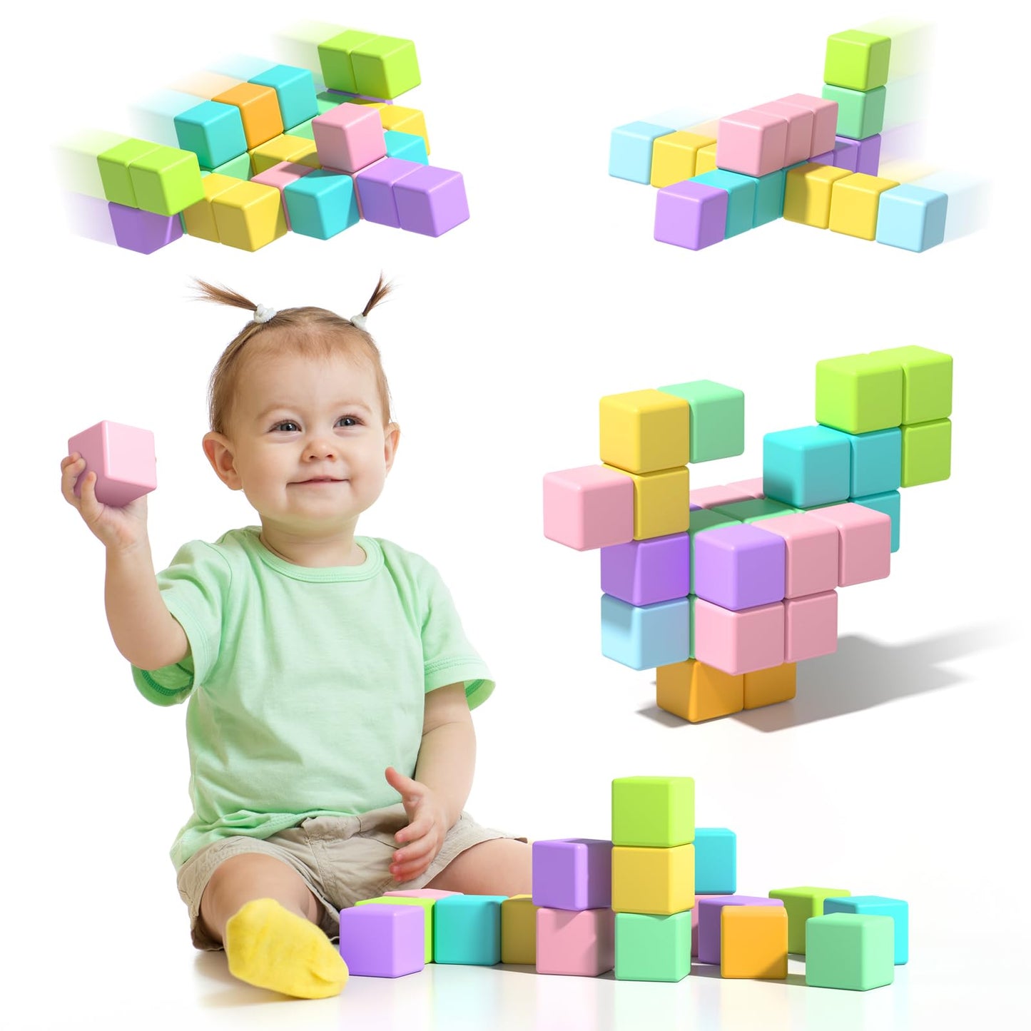 Asago Magnetic Blocks for Toddlers – 56Pcs Large Macaron Building Cubes