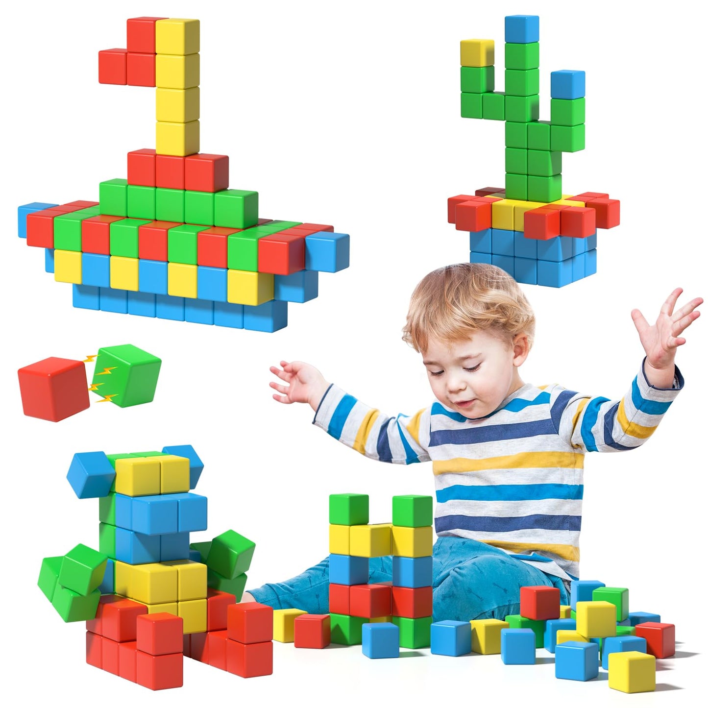 Asago Magnetic Blocks Large – 56Pcs 1.34in Magnetic Building Blocks for Toddlers | STEM Montessori Toys