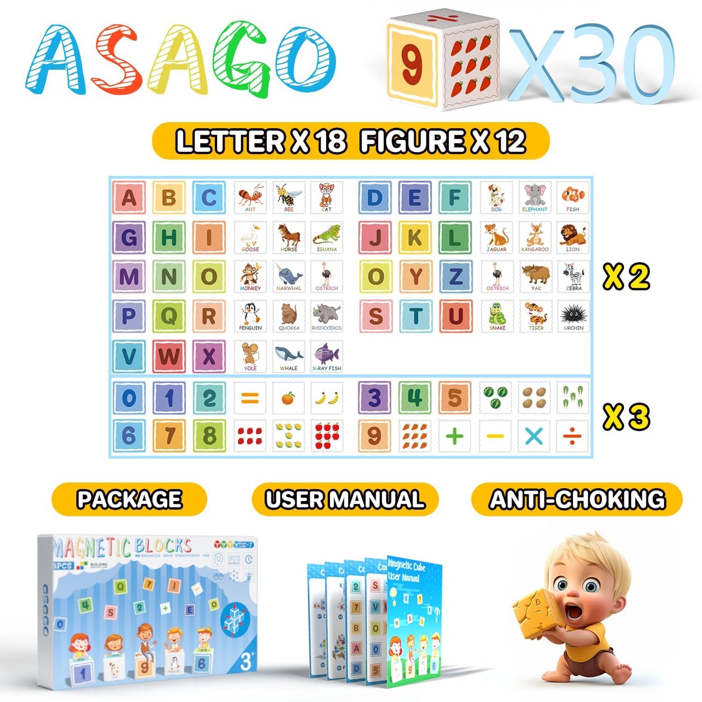 Asago Magnetic Blocks ABC 123 | Colorful Printed Building Toys for Toddlers 1-3