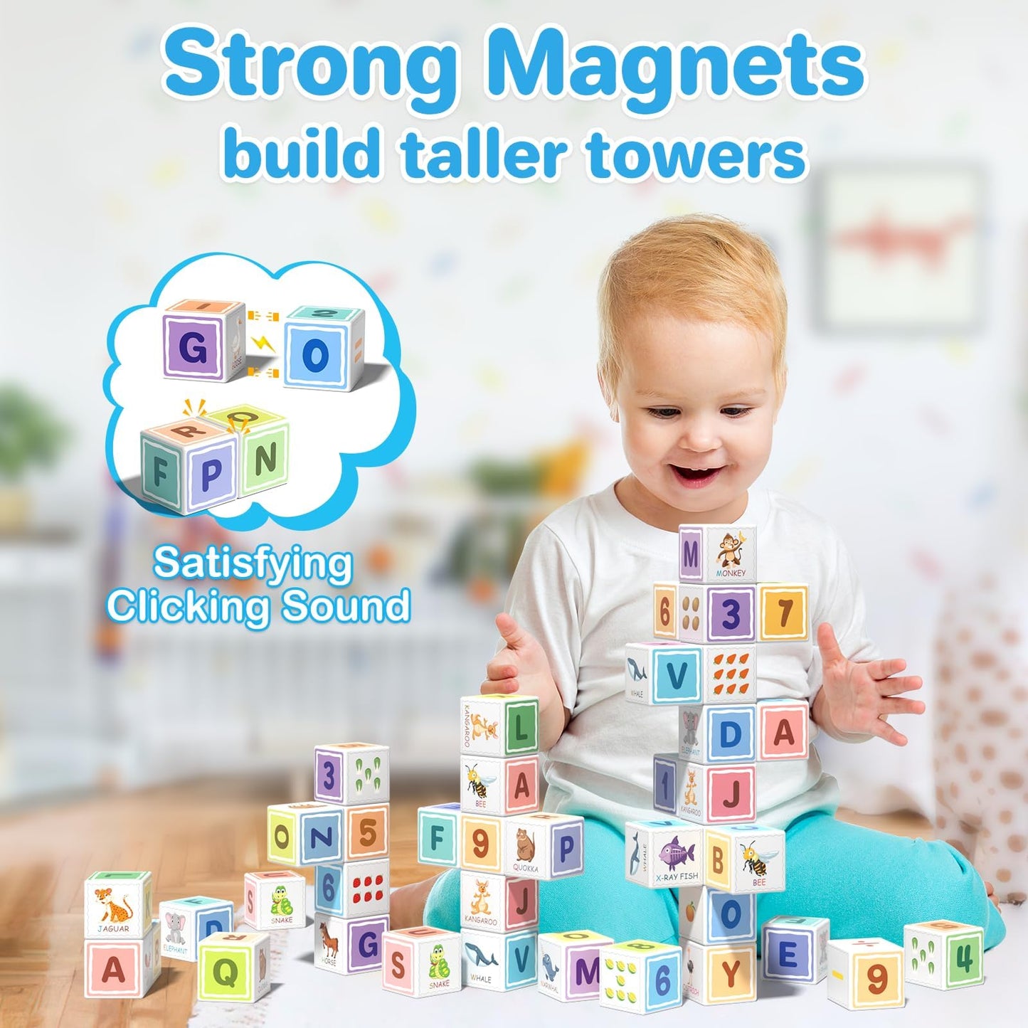 Asago Magnetic Blocks ABC 123 | Colorful Printed Building Toys for Toddlers 1-3