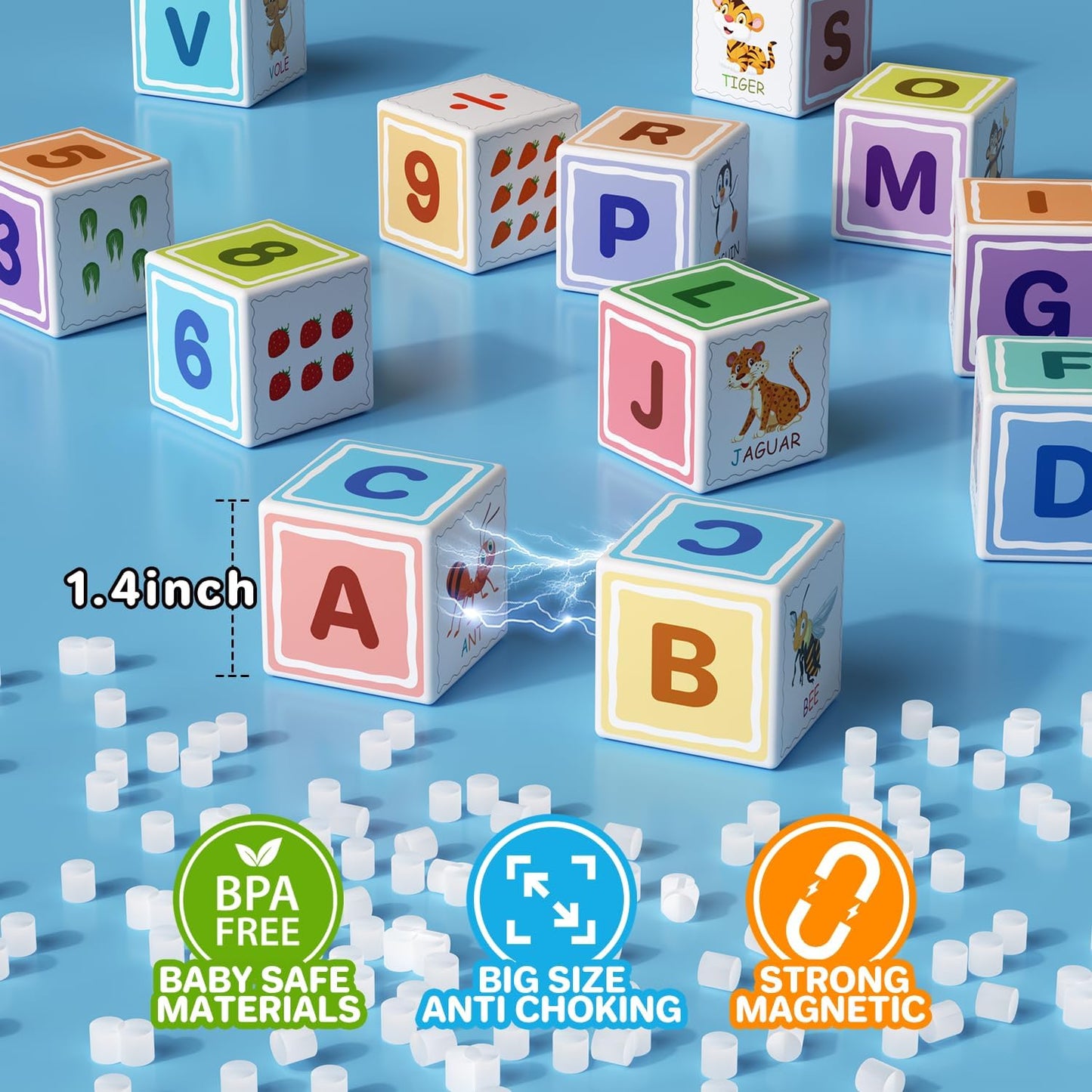 Asago Magnetic Blocks ABC 123 | Colorful Printed Building Toys for Toddlers 1-3