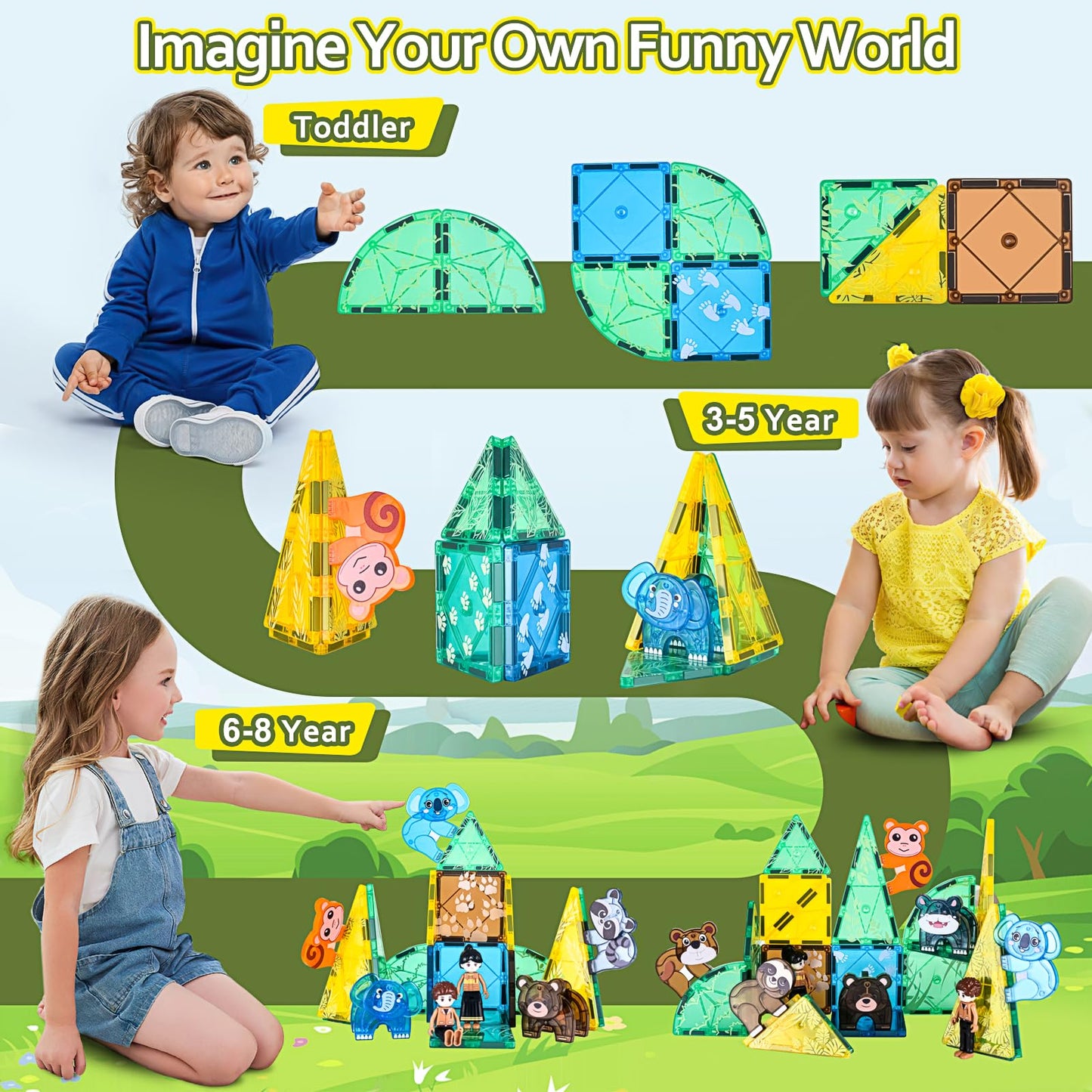 Asago Magnetic Tiles Set – Safari Animals 62-Piece STEM Building Toys for Kids 3-7