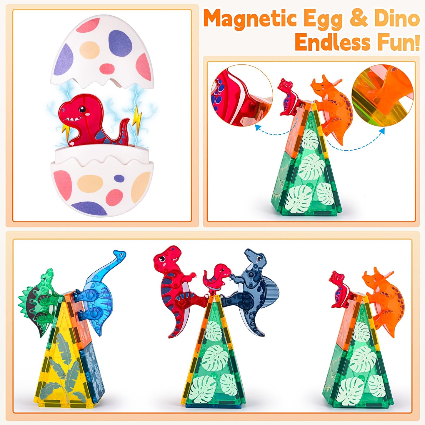Asago Dinosaurs Egg Toys — Magnetic Tiles Dinos for Kids 3+ | Build, Play, Learn