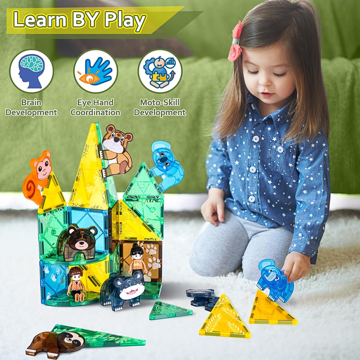 Asago Magnetic Tiles Set – Safari Animals 62-Piece STEM Building Toys for Kids 3-7