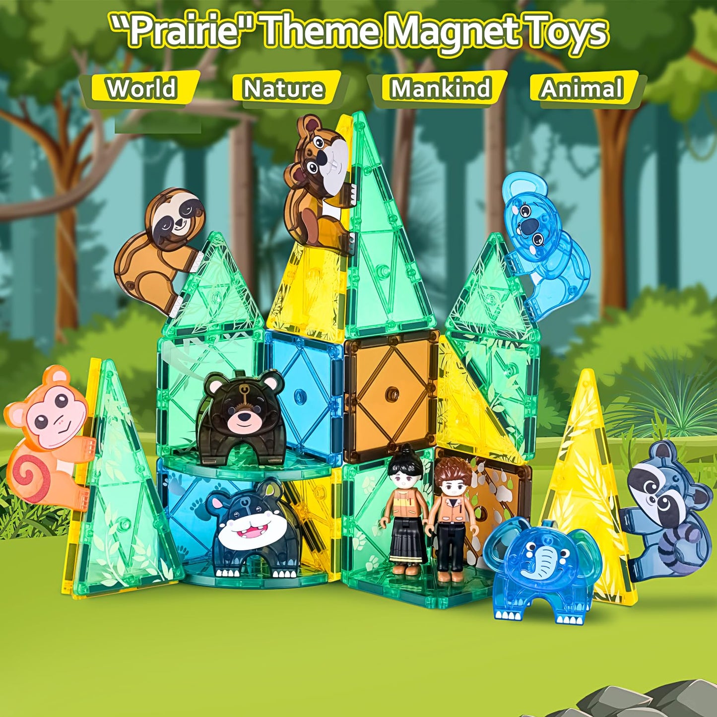 Asago Magnetic Tiles Set – Safari Animals 62-Piece STEM Building Toys for Kids 3-7