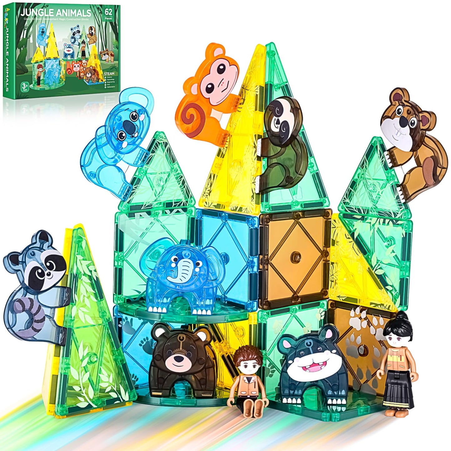 Asago Magnetic Tiles Set – Safari Animals 62-Piece STEM Building Toys for Kids 3-7