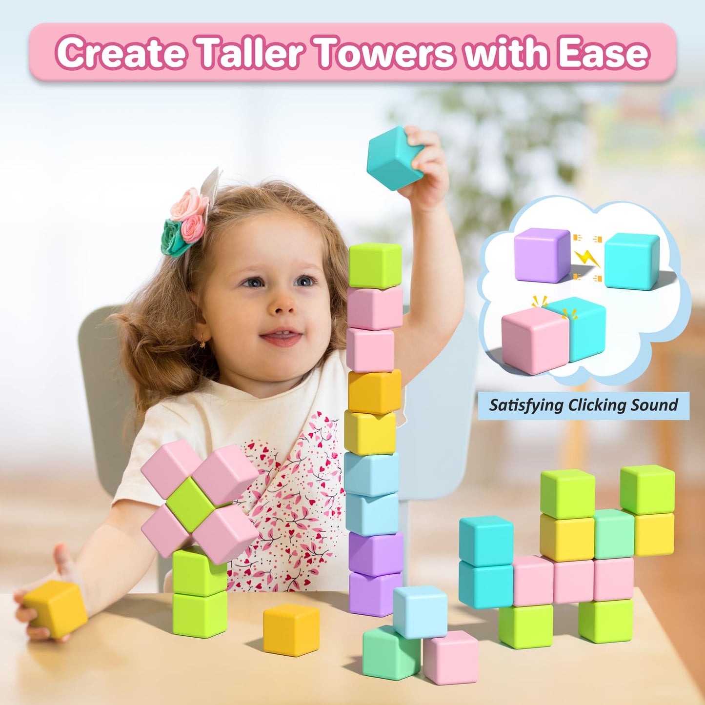 Asago Magnetic Blocks for Toddlers – 56Pcs Large Macaron Building Cubes