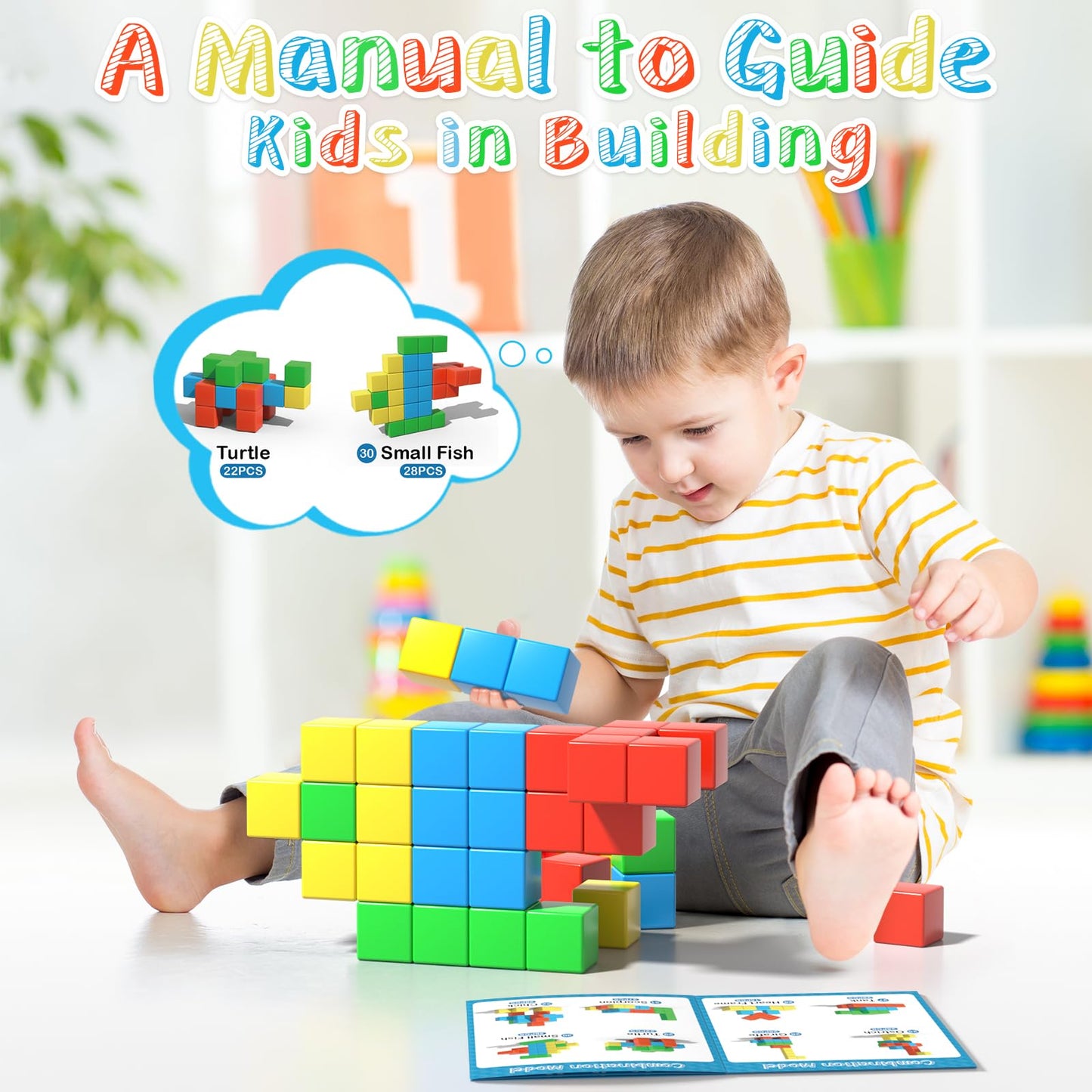Asago Magnetic Blocks Large – 56Pcs 1.34in Magnetic Building Blocks for Toddlers | STEM Montessori Toys