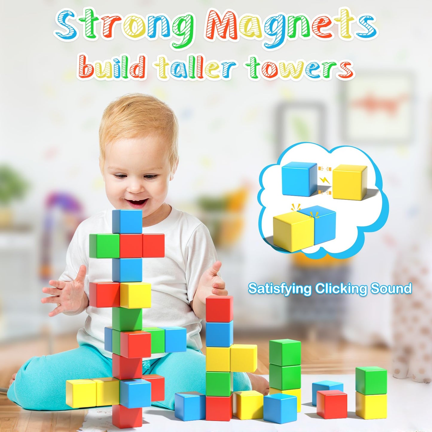 Asago Magnetic Blocks Large – 56Pcs 1.34in Magnetic Building Blocks for Toddlers | STEM Montessori Toys