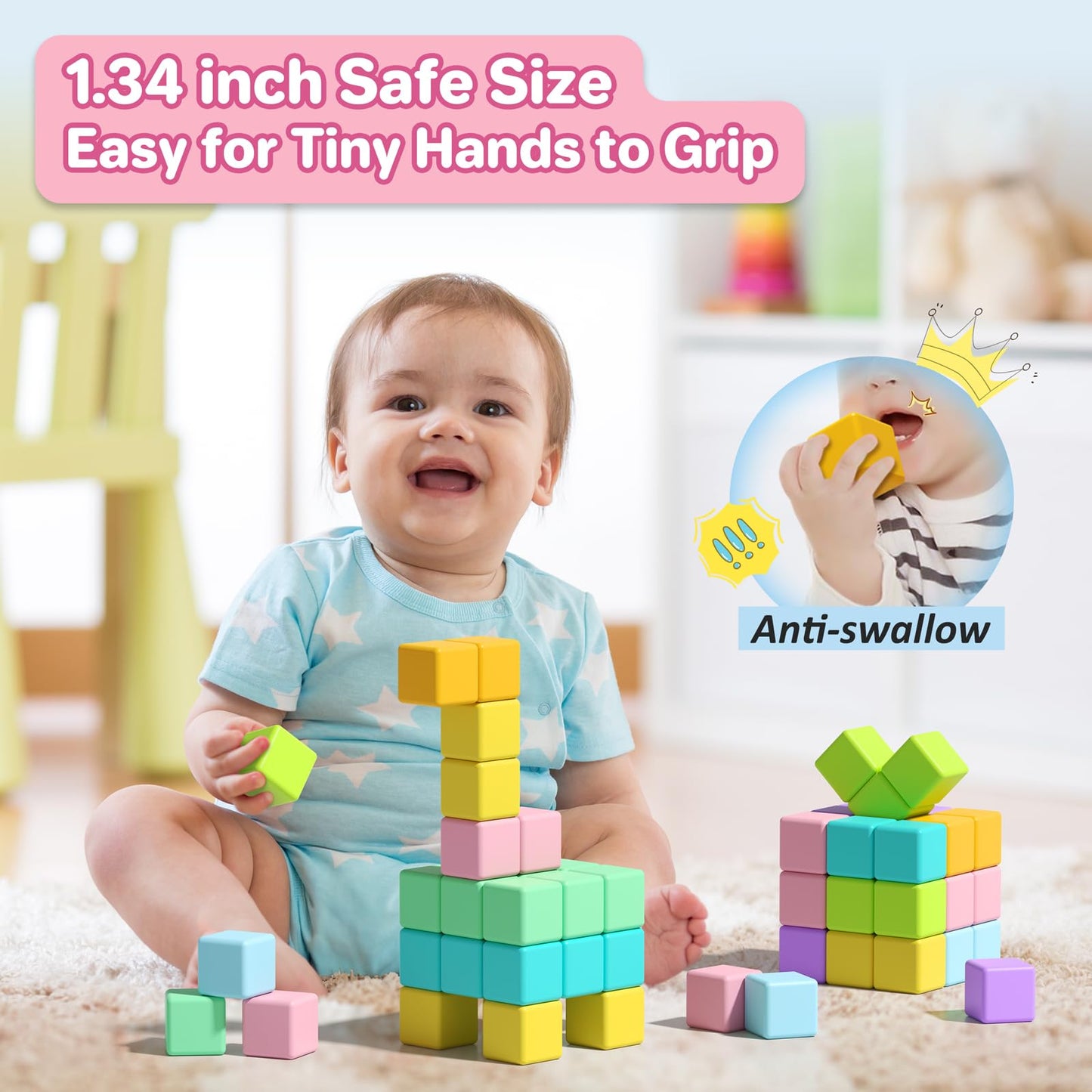 Asago Magnetic Blocks for Toddlers – 56Pcs Large Macaron Building Cubes