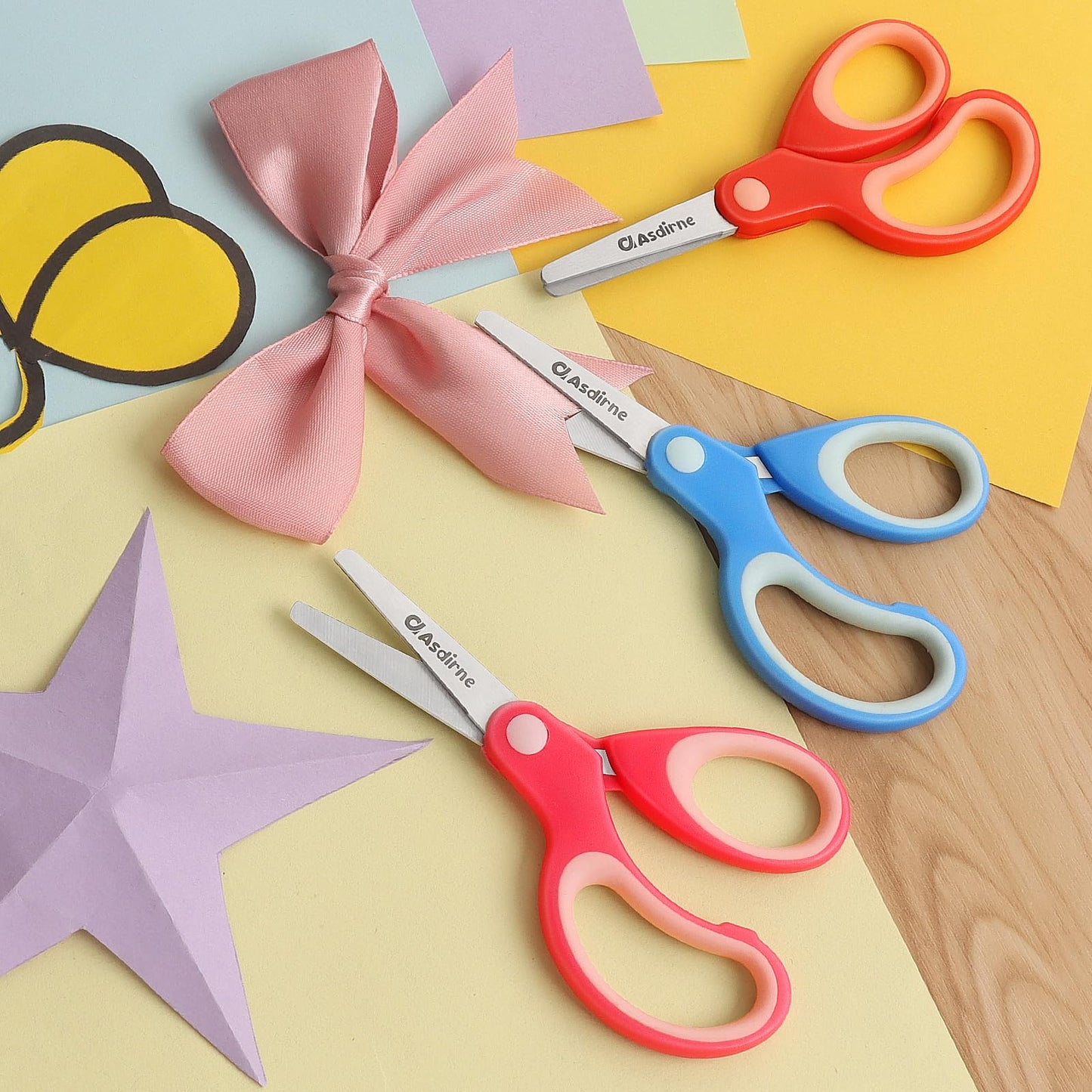 Asdirne Left-Handed Kids Scissors – 3 Pack, Safety Blunt Tip, Stainless Steel Blades, Soft Grip