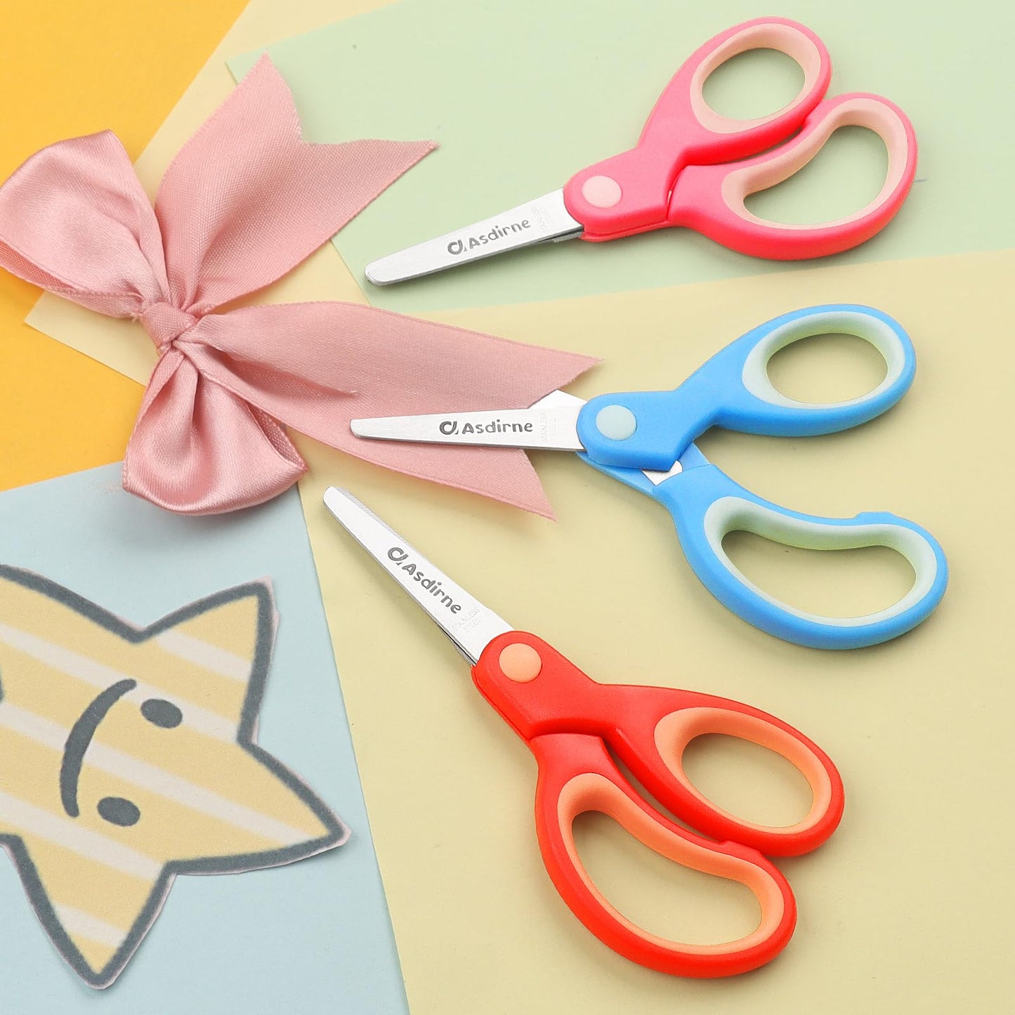 Asdirne Kids Scissors - Right-Handed, Safety Blunt Tip, Stainless Steel Blades, 3-Pack (13.5 cm)