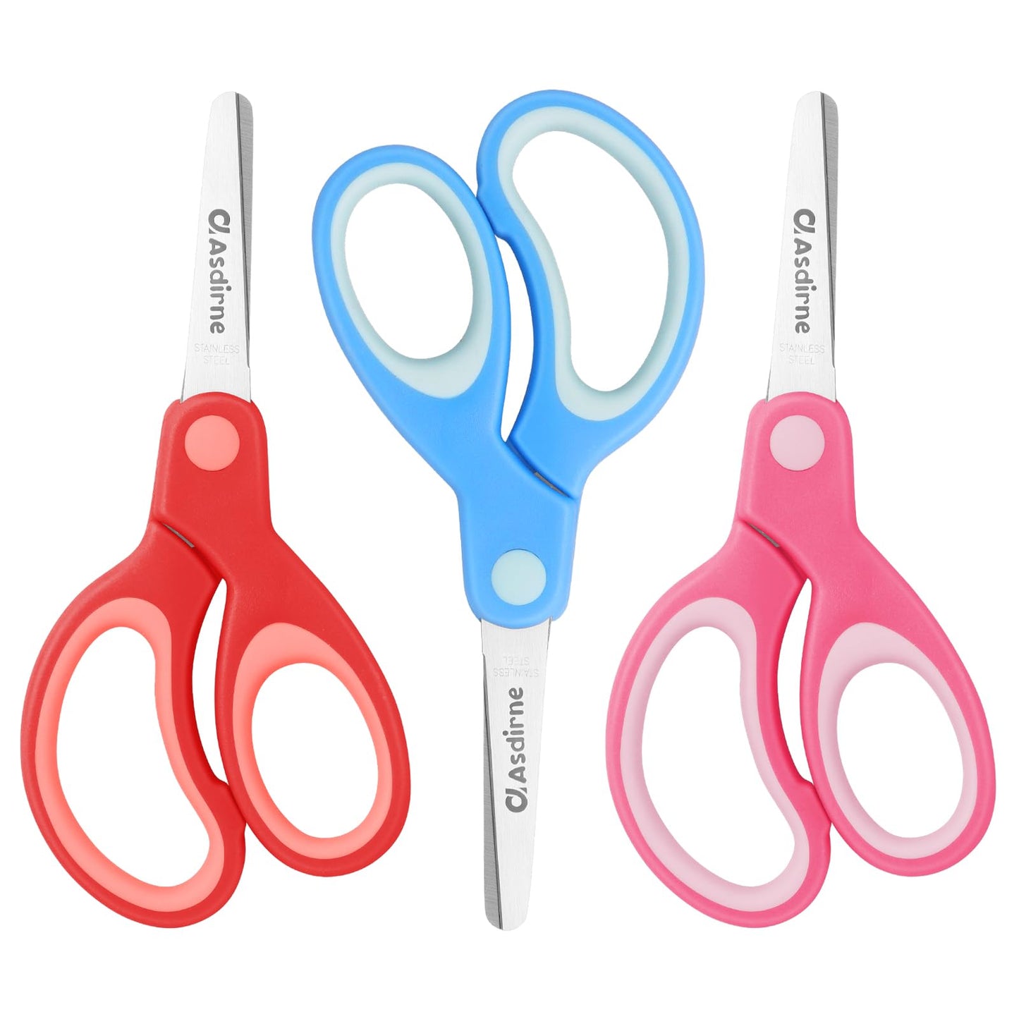 Asdirne Kids Scissors - Right-Handed, Safety Blunt Tip, Stainless Steel Blades, 3-Pack (13.5 cm)