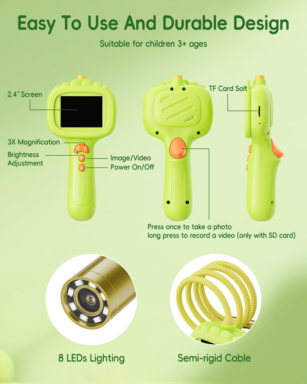 Ashfly Borescope Snake Camera with Light for Kids – 2.4-inch HD Screen, 1m Cable, IP67 Waterproof (Green)