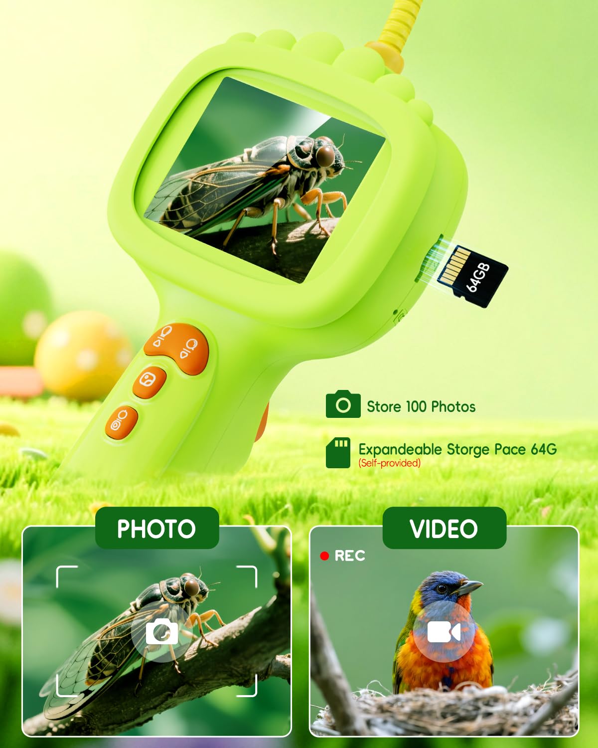 Ashfly Borescope Snake Camera with Light for Kids – 2.4-inch HD Screen, 1m Cable, IP67 Waterproof (Green)