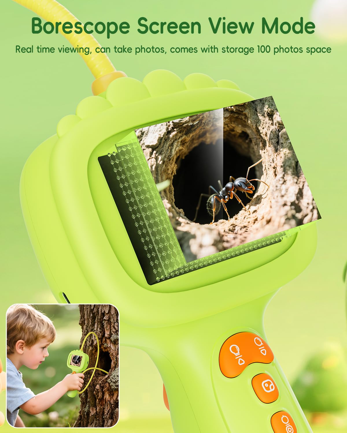Ashfly Borescope Snake Camera with Light for Kids – 2.4-inch HD Screen, 1m Cable, IP67 Waterproof (Green)