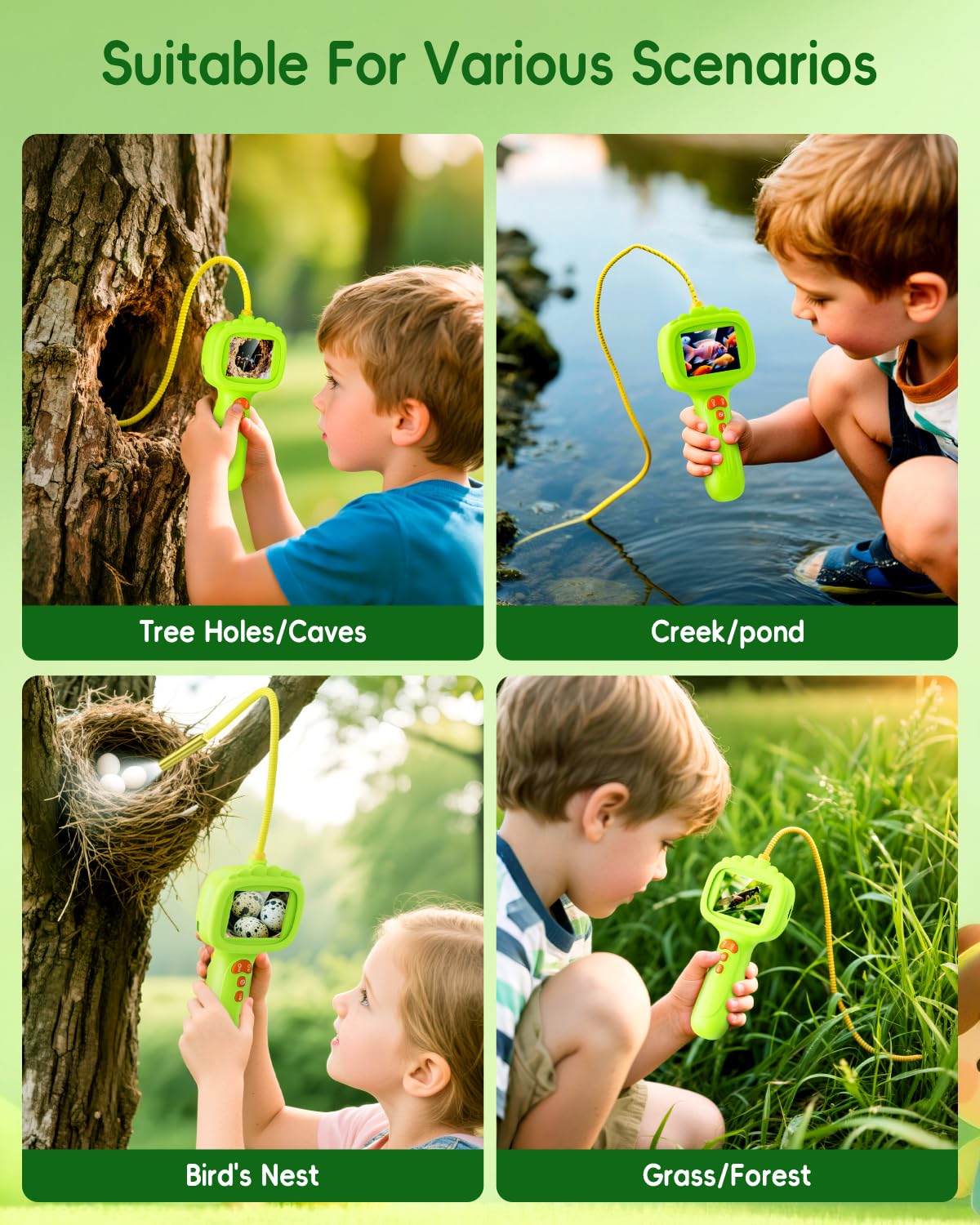 Ashfly Borescope Snake Camera with Light for Kids – 2.4-inch HD Screen, 1m Cable, IP67 Waterproof (Green)