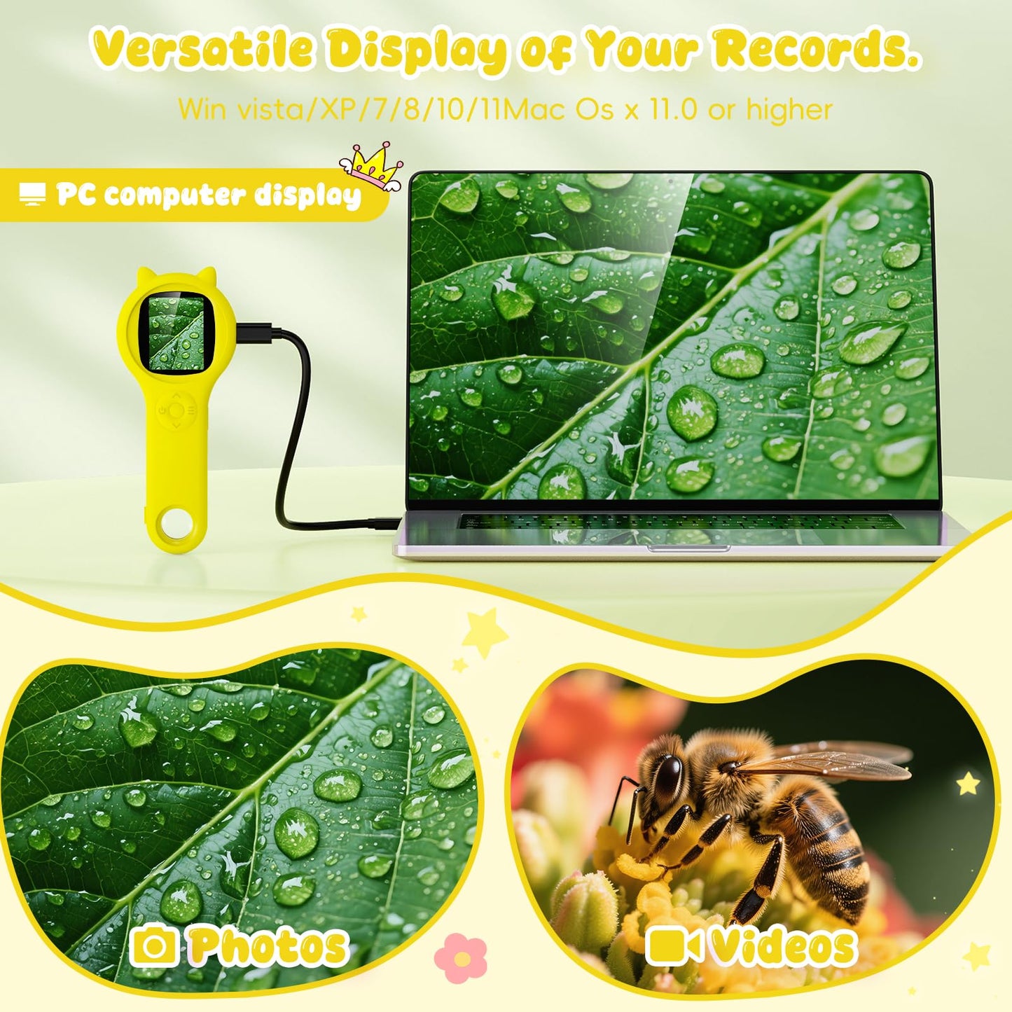 Ashfly Handheld Microscope for Kids – 200x Magnification, 2-Inch LCD, Yellow